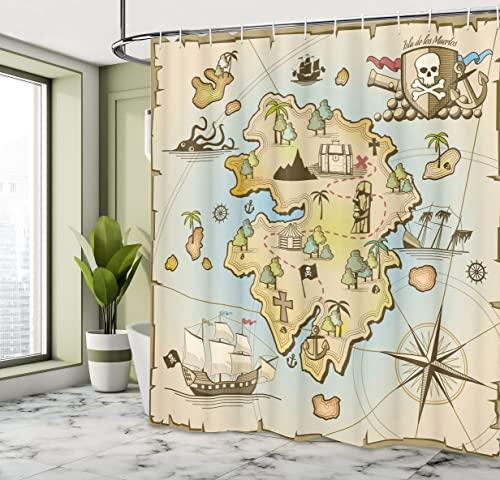 Ambesonne Ambesonne Island Map Shower Curtain, Cartoon Treasure Island Pirate Ship Chest Kraken Octopus Nautical Design, Cloth Fabric Bathroom Decor Set with Hooks, 69" W x 70" L, Pale Beige