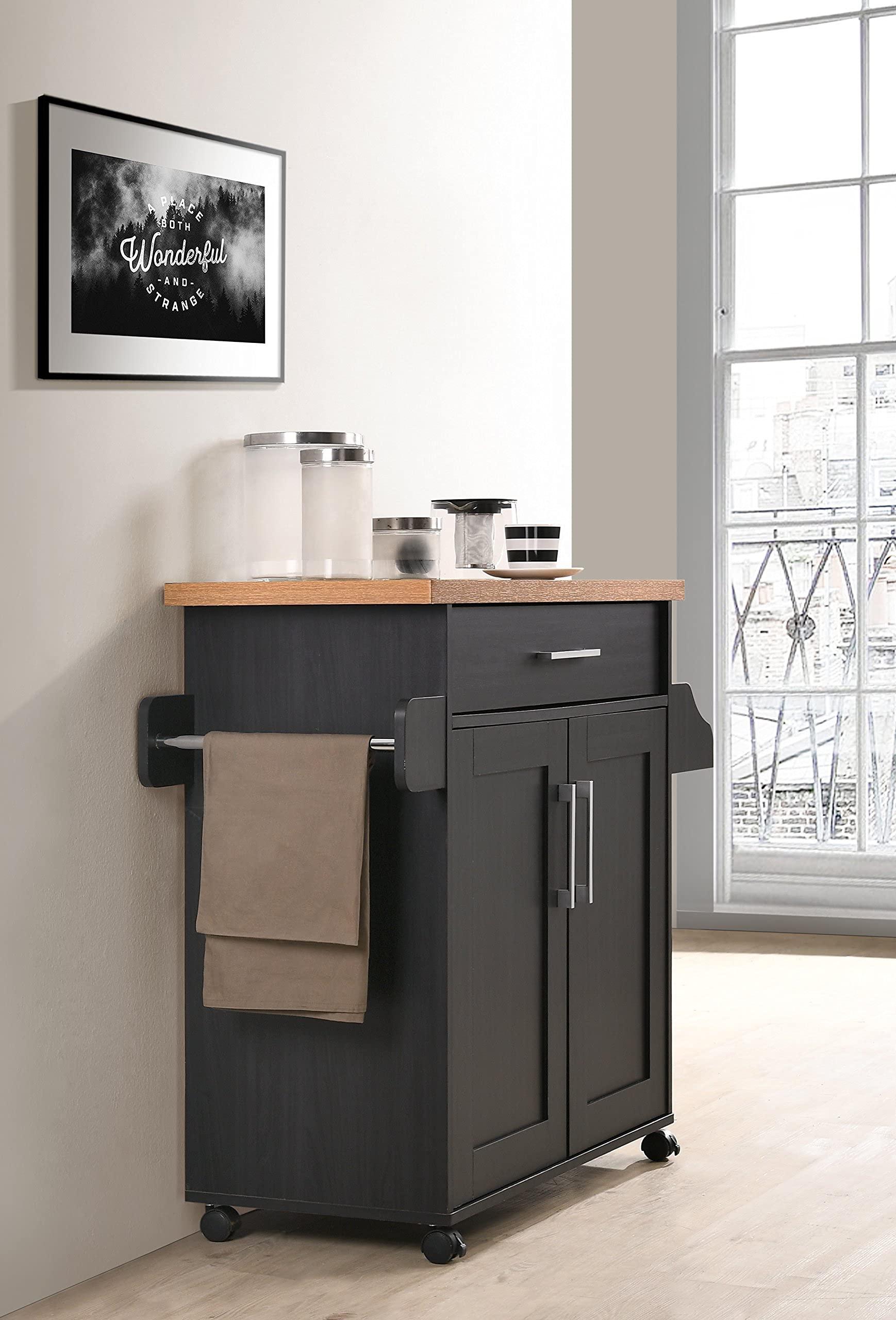 Hodedah Hodedah Kitchen Island with Spice Rack, Towel Rack & Drawer, Black with Beech Top