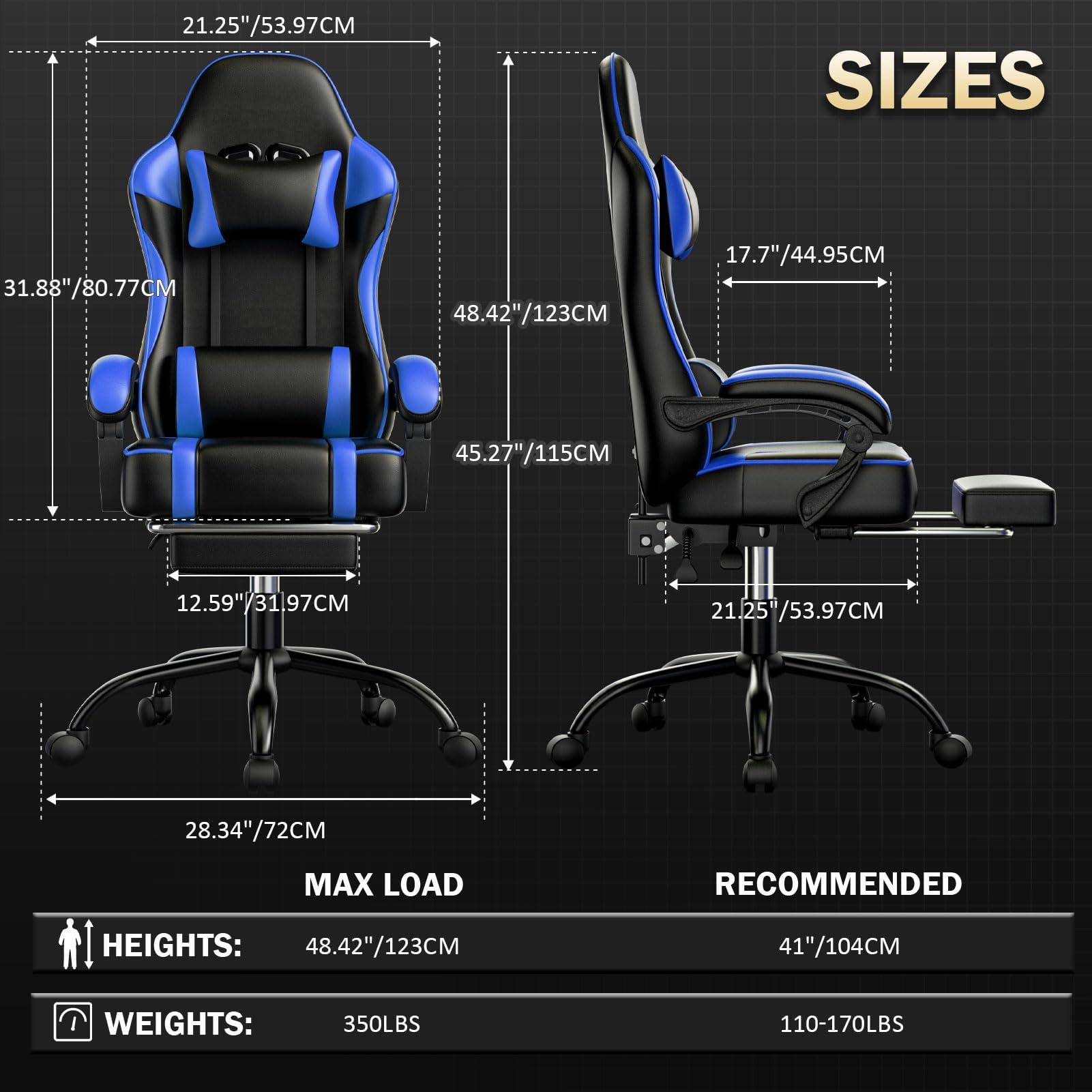 HOTOSYCH HOTOSYCH Gaming Chair, Ergonomic Video Game Chair for Adults, Comfortable Computer Chair with Footrest and Lumbar Support, Height Adjustable Gamer Chair for Office 350LBS, Blue