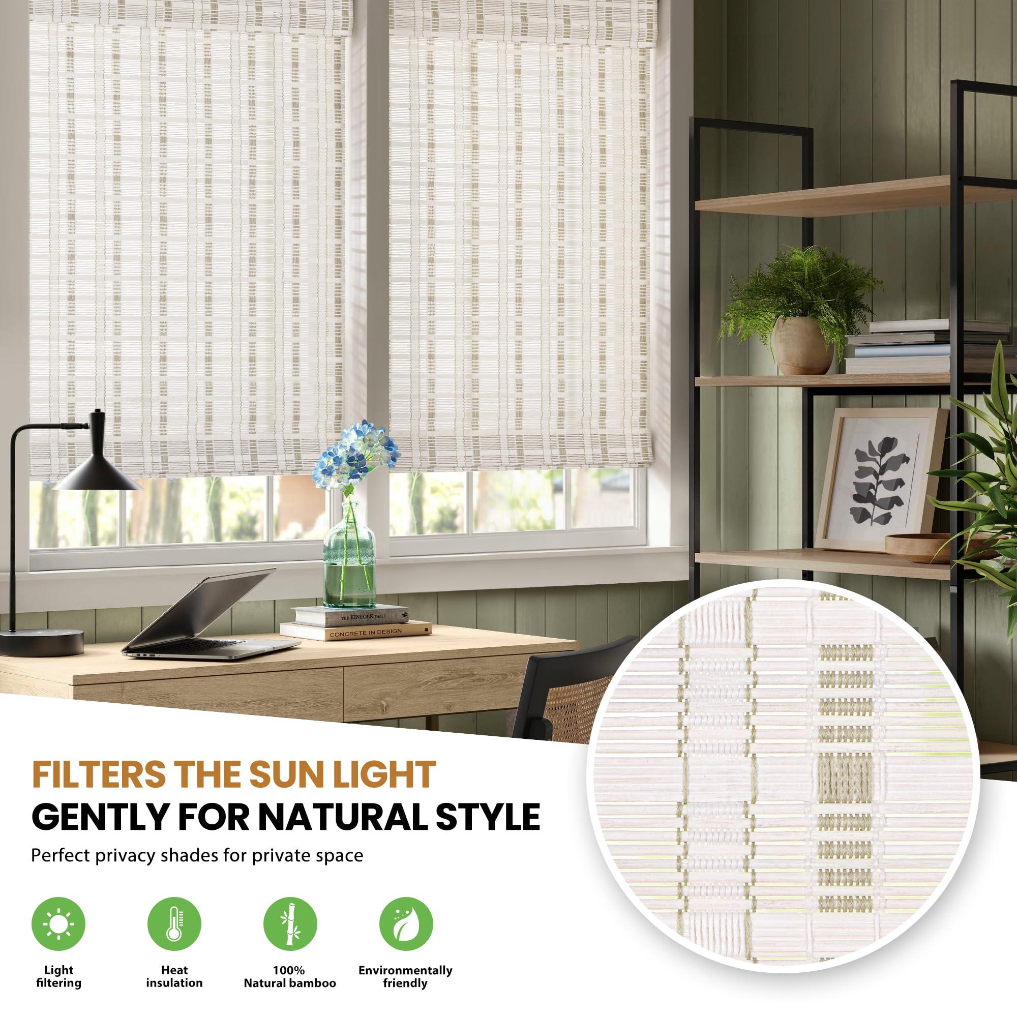 LazBlinds LazBlinds No Tools No Drill Cordless Bamboo Roman Shades, Light Filtering Window Treatment, Roll Up Bamboo Blinds for Window 39'' W x 64'' H, Whitewash B