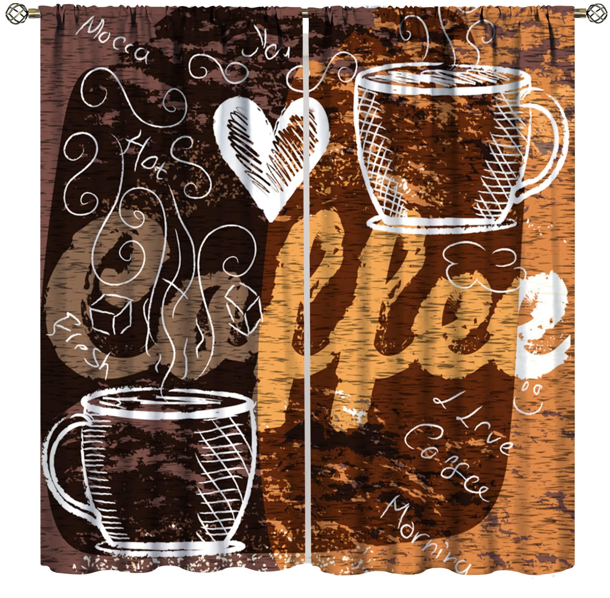 YCness Coffee Kitchen Curtains, Coffee Theme Decor Coffee Curtains for Kitchen Windows, Cafeteria Tea Party Pattern for Caf Decor 2 Panel Sets,55x63 Inch