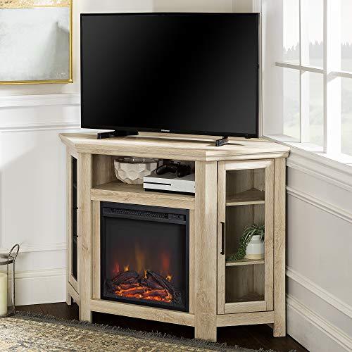 Walker Edison Walker Edison Alcott Classic Glass Door Fireplace Corner TV Stand for TVs up to 55 Inches, 48 Inch, White Oak