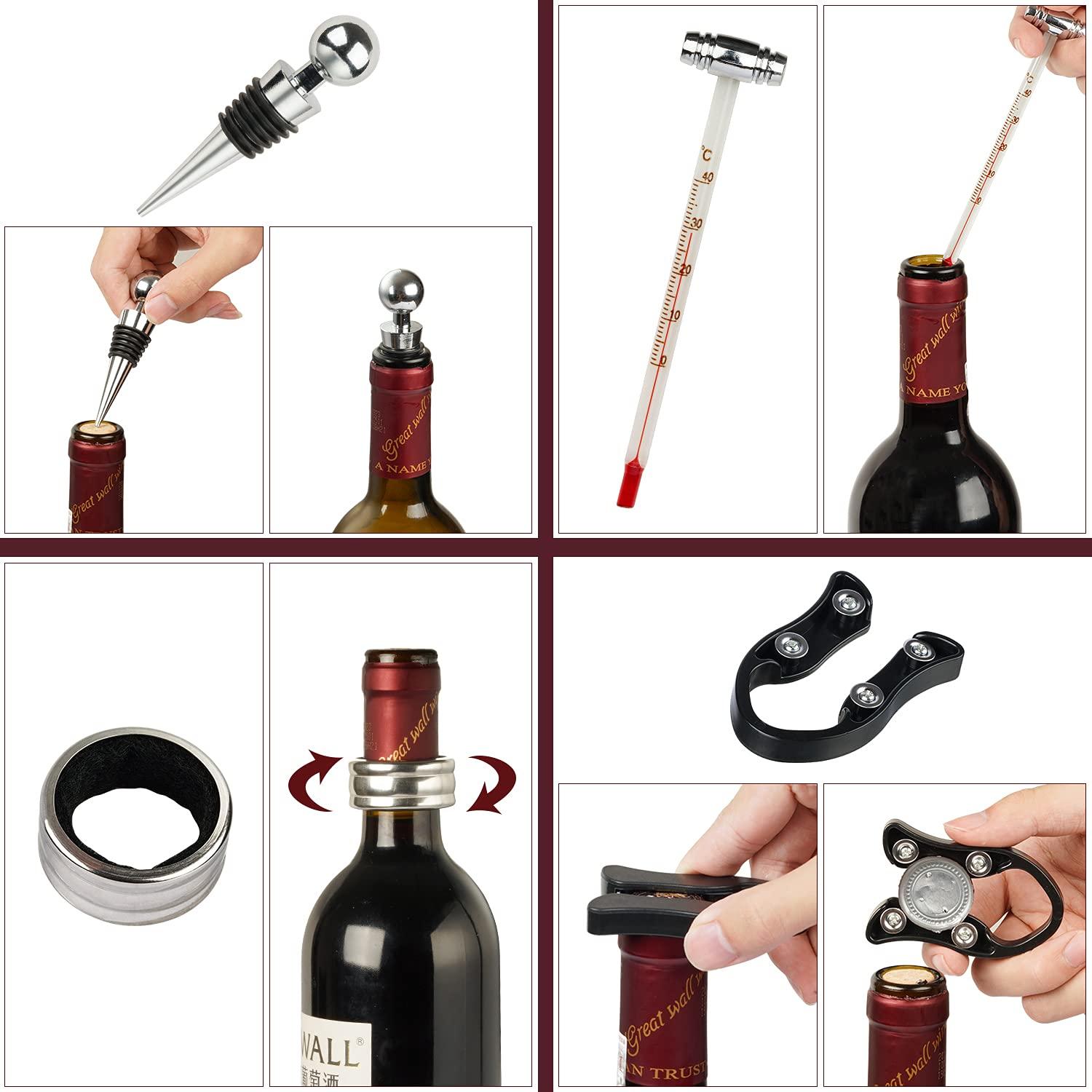 QCLTY 9-Pieces Wine Opener Set - Rabbit Corksrew Stainless Steel Wine Bottle Opener Kit, Includes Foil Cutter | Wine Decanter Pourer | Thermometer | Drip Ring Wine | Bottle Alloy Stopper with Nice Gift Box