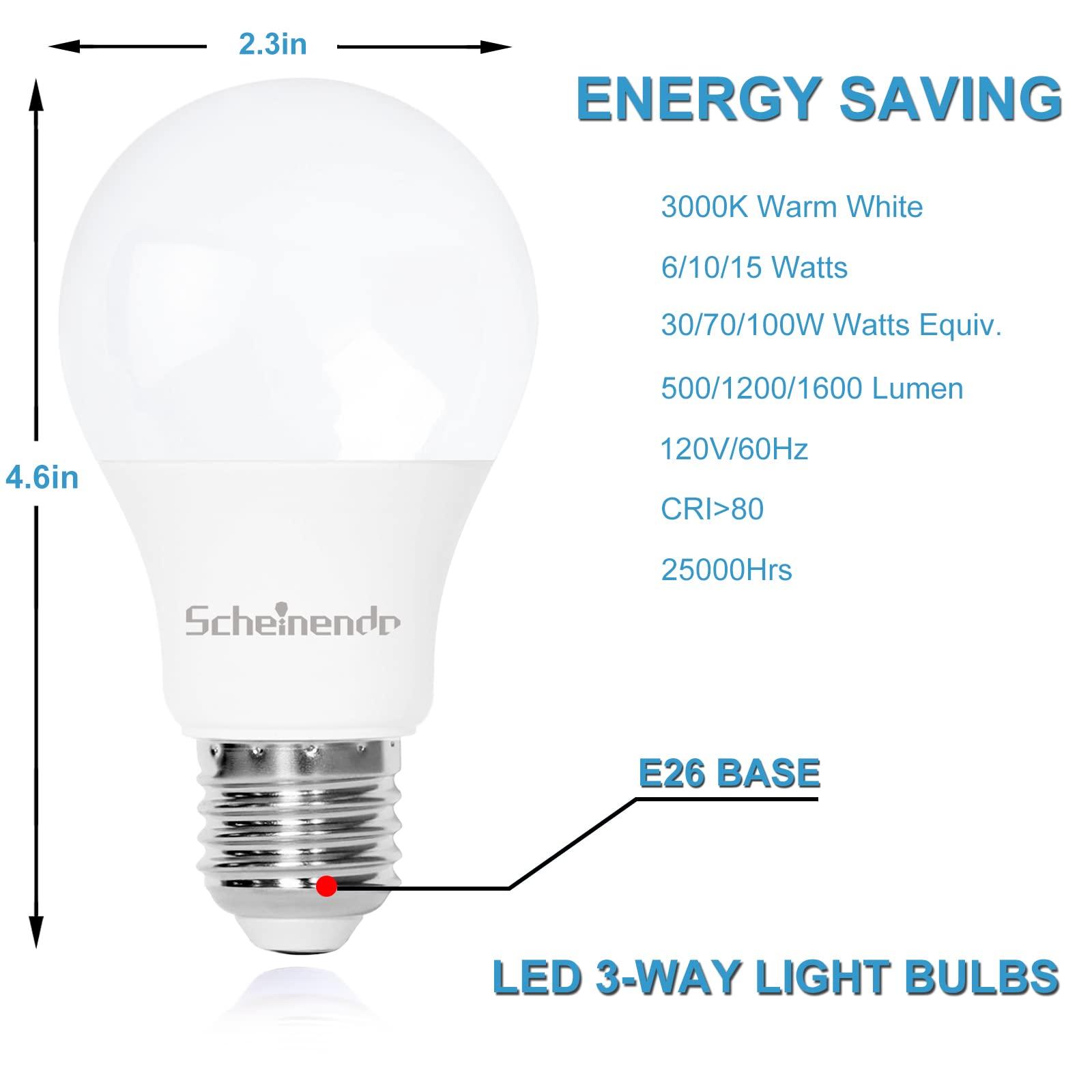 Scheinenda Scheinenda 3-Way Light Bulbs 30 70 100 Watt Equivalent, Perfect for Reading, Standard A19 Indoor Led Bulb Warm White 3000K, 15 Watt Energy Efficient Bulb, 1600 Lumens, 2Pack