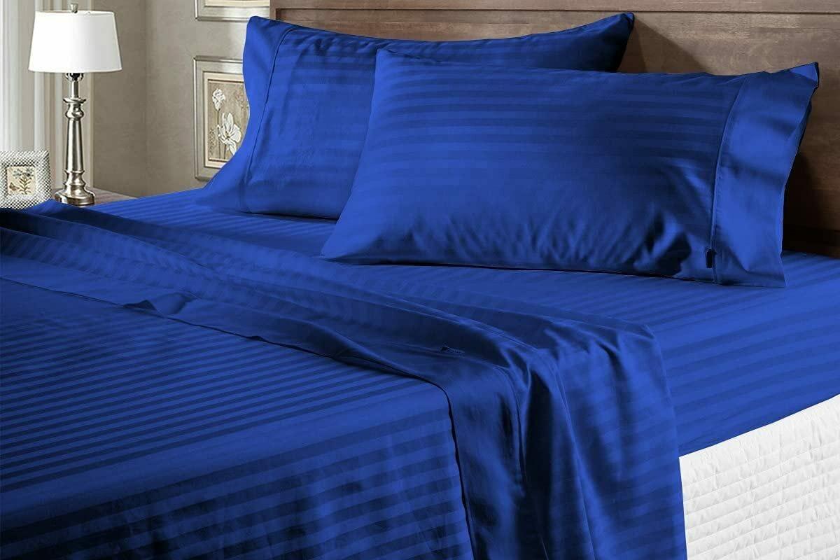DIFFERENT SHEETING Split King Sheets Set for Adjustable Beds - 4 Piece Luxury Sheets - 14\" Deep Pocket 400TC & Extra Soft 100% Egyptian Cotton - Top Split Upto 28\" From Bottom - Royal Blue Stripe, King Size.