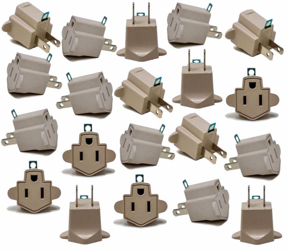 Nippon America 20 Pack 3 to 2 Prong AC Polarized Grounding AC Power Plug Adapter ETL Listed Grey