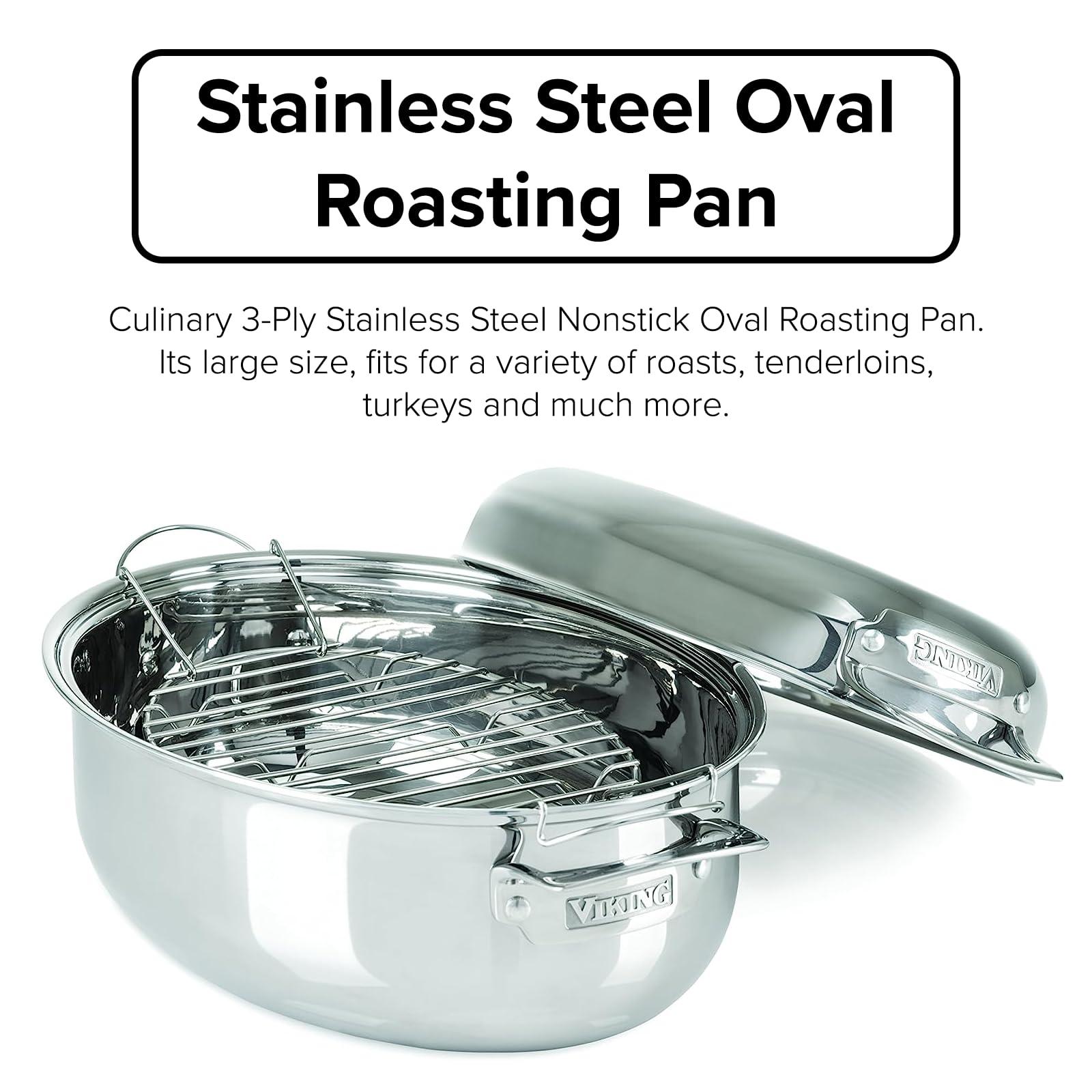 Viking Culinary Viking Culinary 3-Ply Stainless Steel Oval Roasting Pan, 8.5 Quart, Includes Metal Induction Lid & Rack, Dishwasher, Oven Safe, Works on All Cooktops including Induction