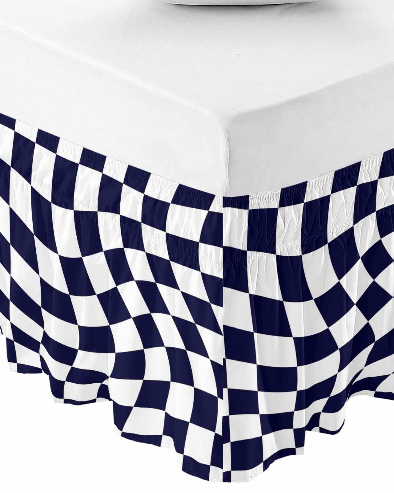 Sabolny Modern Black Bed Skirt King Size 18 Inch Drop, Adjustable & Elastic Wrap Around Bed Skirts Pleated Luxury Dust Ruffles for Twin Full Queen Cal King Base Bed, Geometric White Checkered Lattice