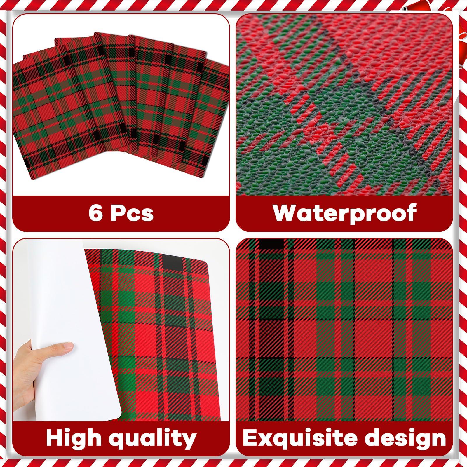 OBUSATT Christmas Placemats Set of 6 Red and Green Plaid Plastic Table Mats Recyclable Place Mats Washable Farmhouse Holiday Table Decoration for Indoor Outdoor Christmas Party Kitchen Dining Table
