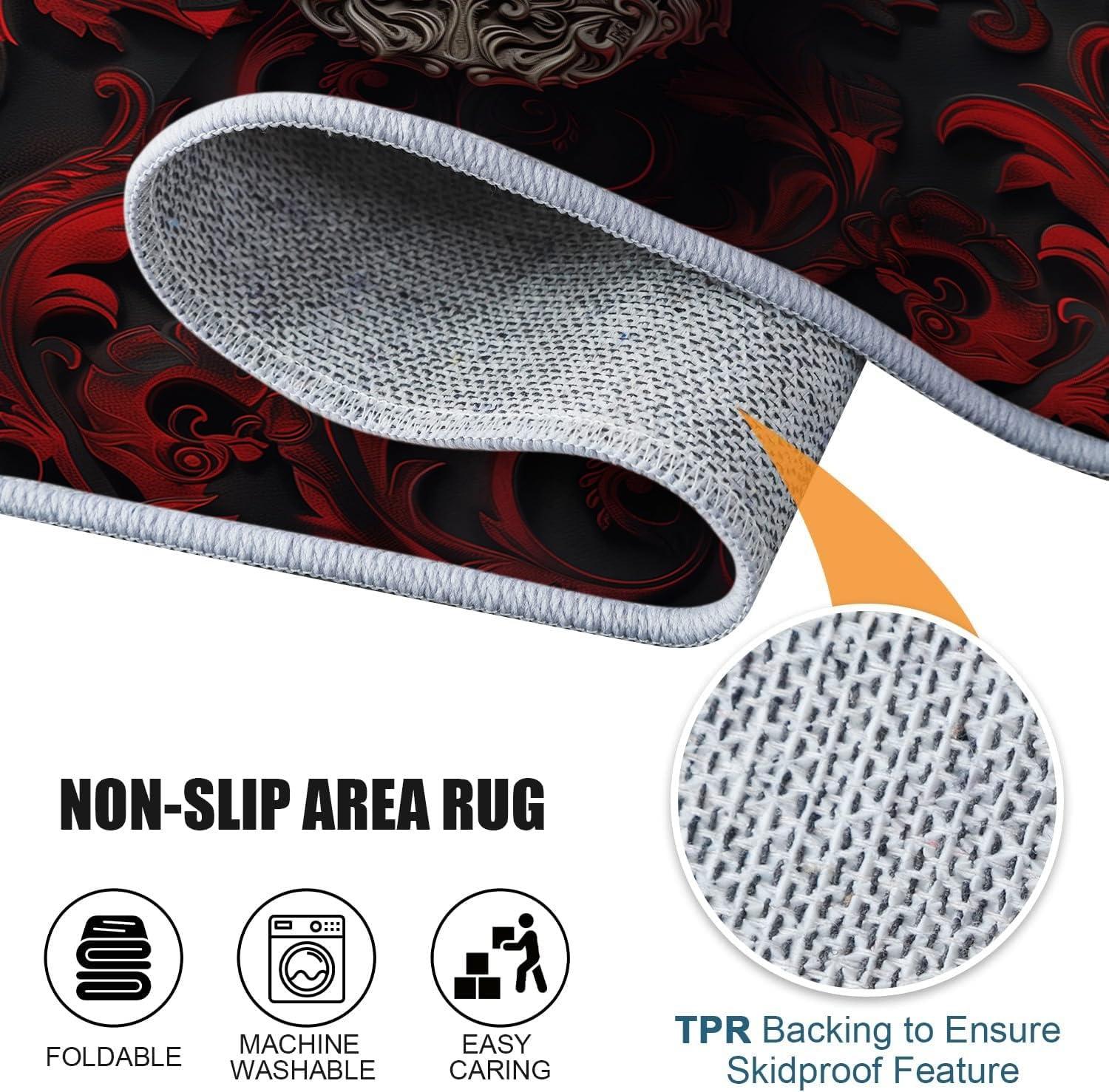 Bhoyctn Area Rugs 3ft x 5ft for Living Room - Area Rug Washable Non Slip Low Pile Rectangular Rug - Gothic Roses & Skulls Carpet for Bedroom Dining Room Kids Playroom Entrance Floor Mat Kitchen Rug