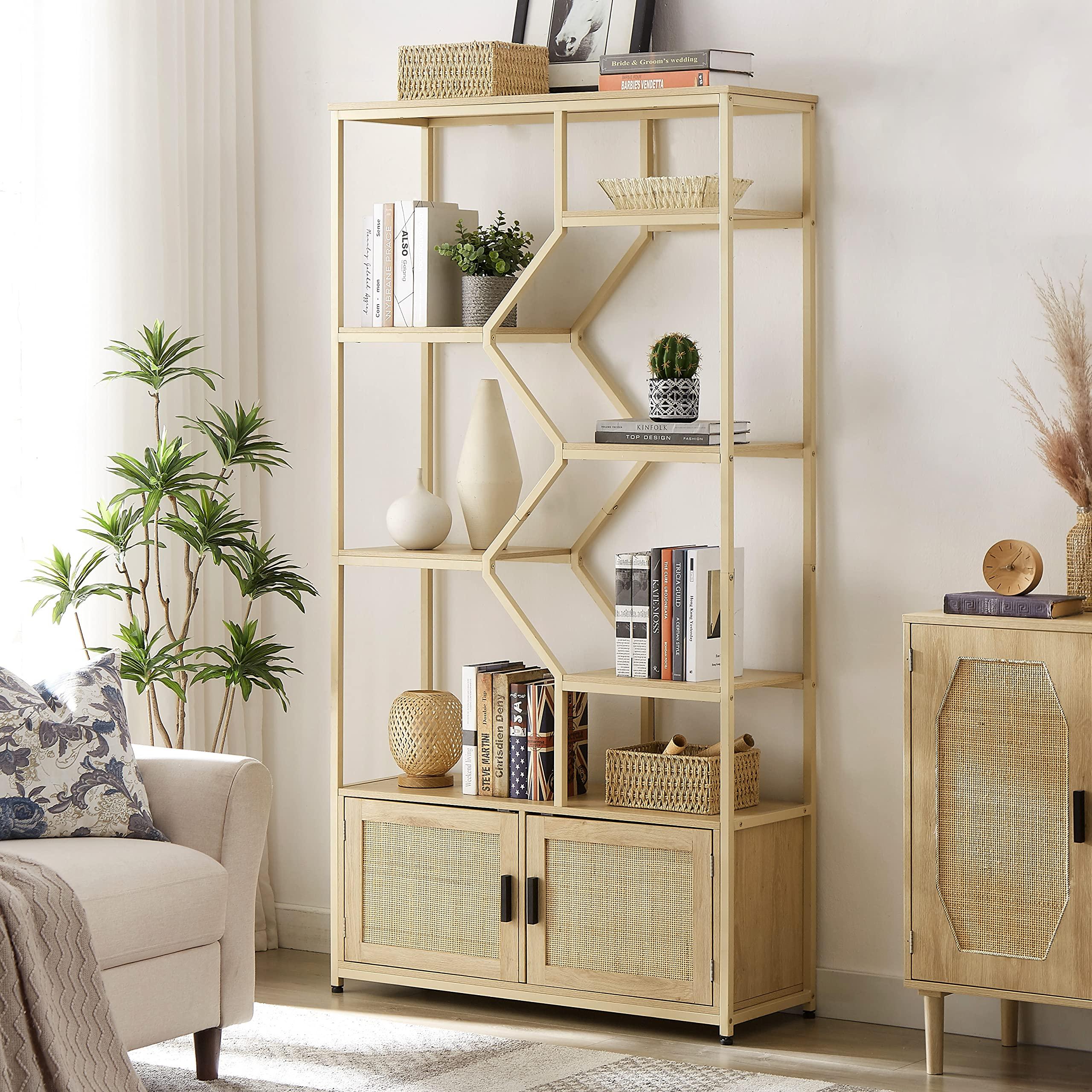 SPOFLYINN SPOFLYINN 7-Tier Bookshelf, Rattan Bookcase with 2 Doors Storage Cabinet Organizer, Free Standing Shelf Units for Living Room Home Office, 39.4''W x 13.8'' D x 75.6'' H Natural As Shown One Size