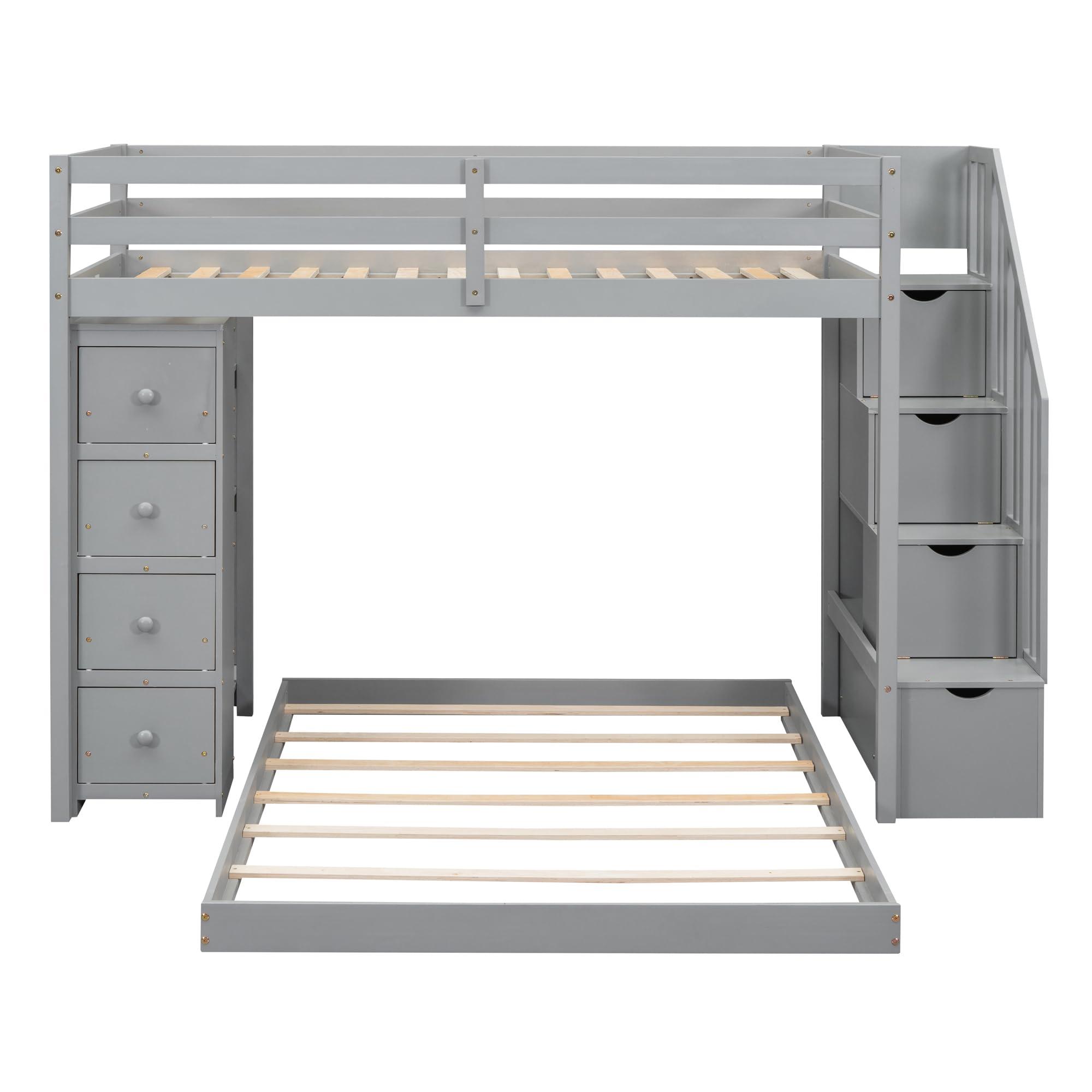 JIVOIT Muti-functional Bunk Bed with 3-Layer Shelves, Drawers and Storage Stairs, Twin Over Full Bunk Bed with Guardrails, Twin Loft Bed with Separate Platform Bed for Kids Teens (Gray,3-layer Shelves,73)