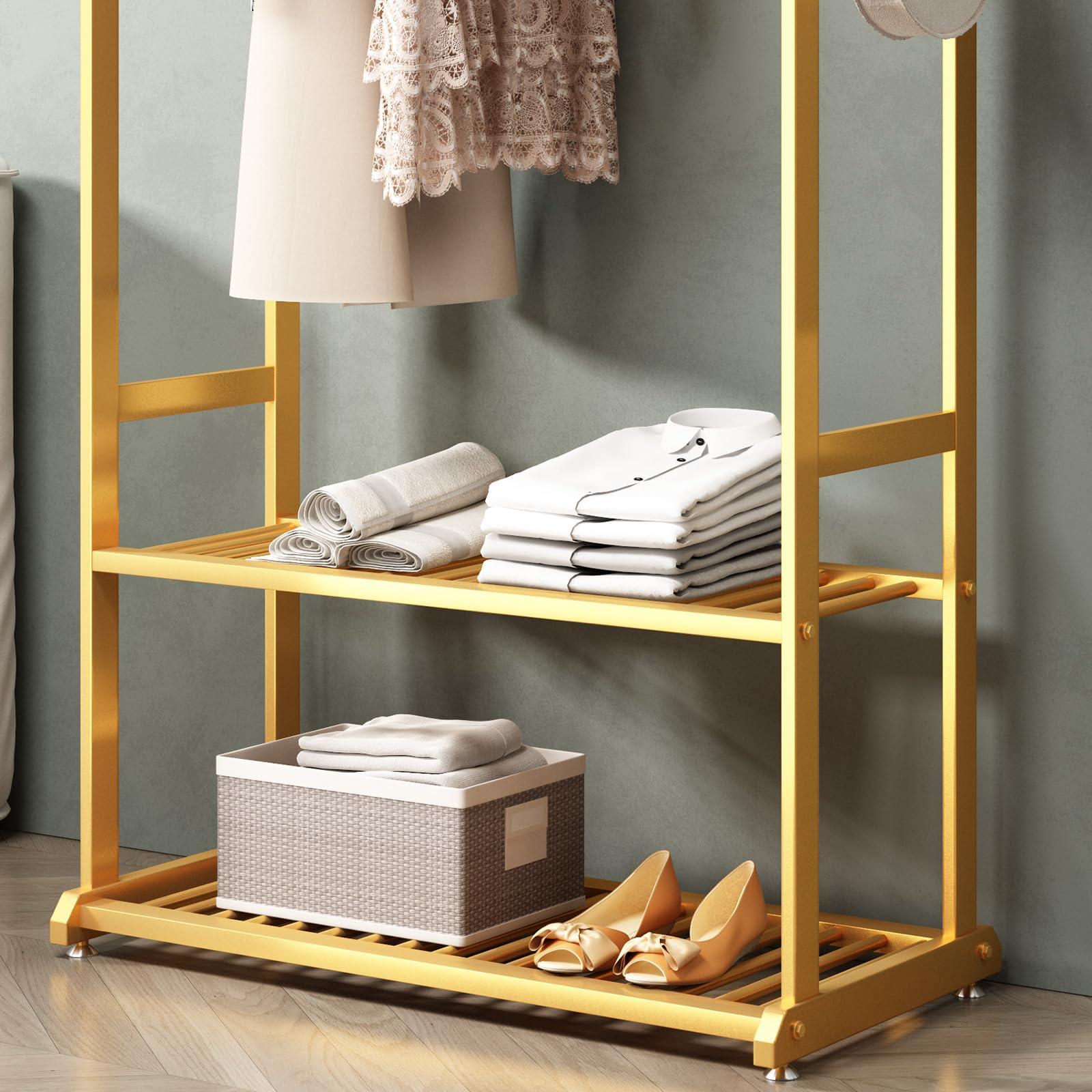 BUZUEY BUZUEY Gold clothing rack,Heavy duty clothes rack with bottom shelves,Small garment rack for hanging clothes,Wardrobe rack,hanging racks for clothes(L:23.6in)