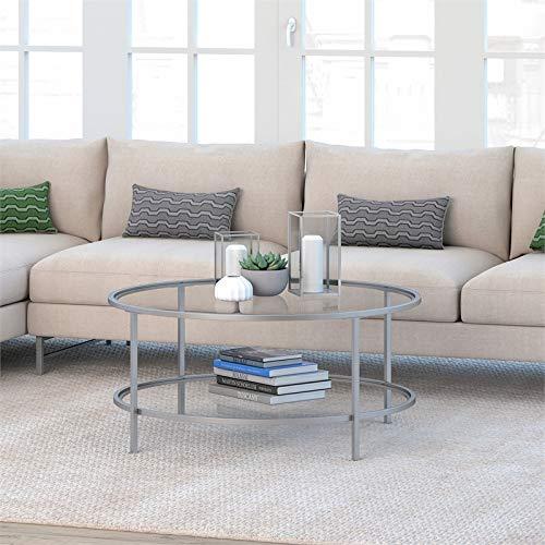 Henn&Hart Henn&Hart 36\" Wide Round Round Coffee Table with Glass Top in Nickel, Modern Round Coffee Tables for living room, studio apartment essentials