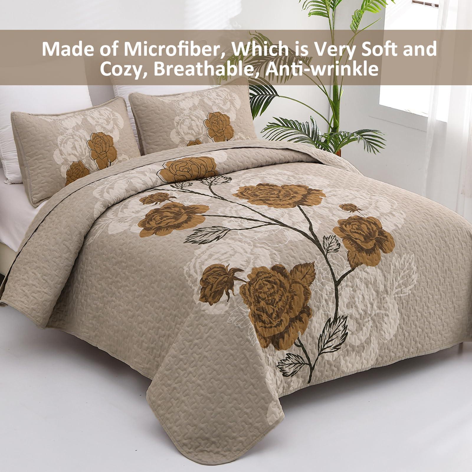 Anibedding Anibedding Floral Quilt Set Queen Size,Elegant Brown Floral Printed Bedspread Coverlet 3 Pieces Soft Microfiber Bedding Set with 2 Pillowcases for All Season(96\"90\")