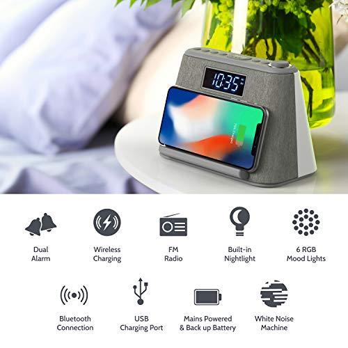 i-box i-box Digital Alarm Clock Radio, Bedside LCD Alarm Clock with USB Charger & Wireless QI Charging, Bluetooth Speaker, FM Radio, RGB Mood LED Night Light Lamp, Dimmable Display and White Noise Machine