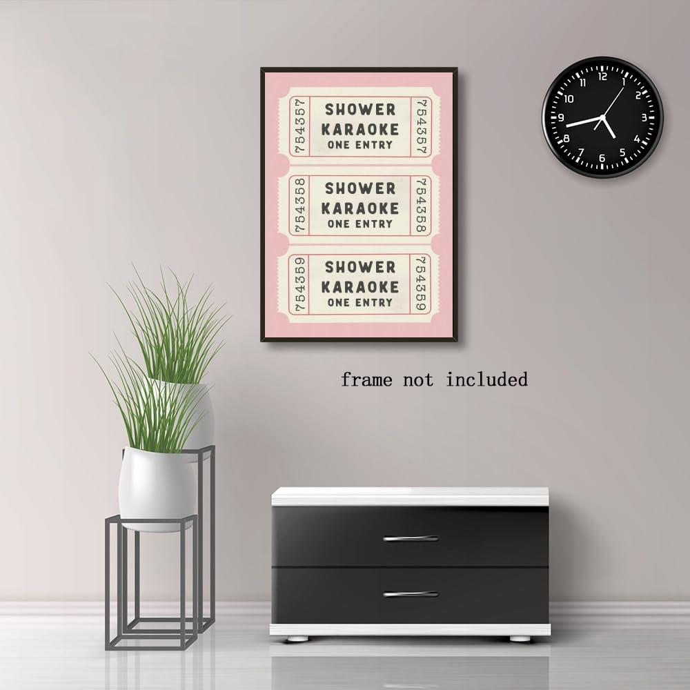 WHQethrial Funny Shower Karaoke Ticket Print Bathroom Canvas Poster for Bathroom Decor, Retro Pink Toilet Wall Art, Cute Bath Decor, Aesthetic Bathroom Art, Guest Bathroom Canvas Wall Art 8x12inch Unframed