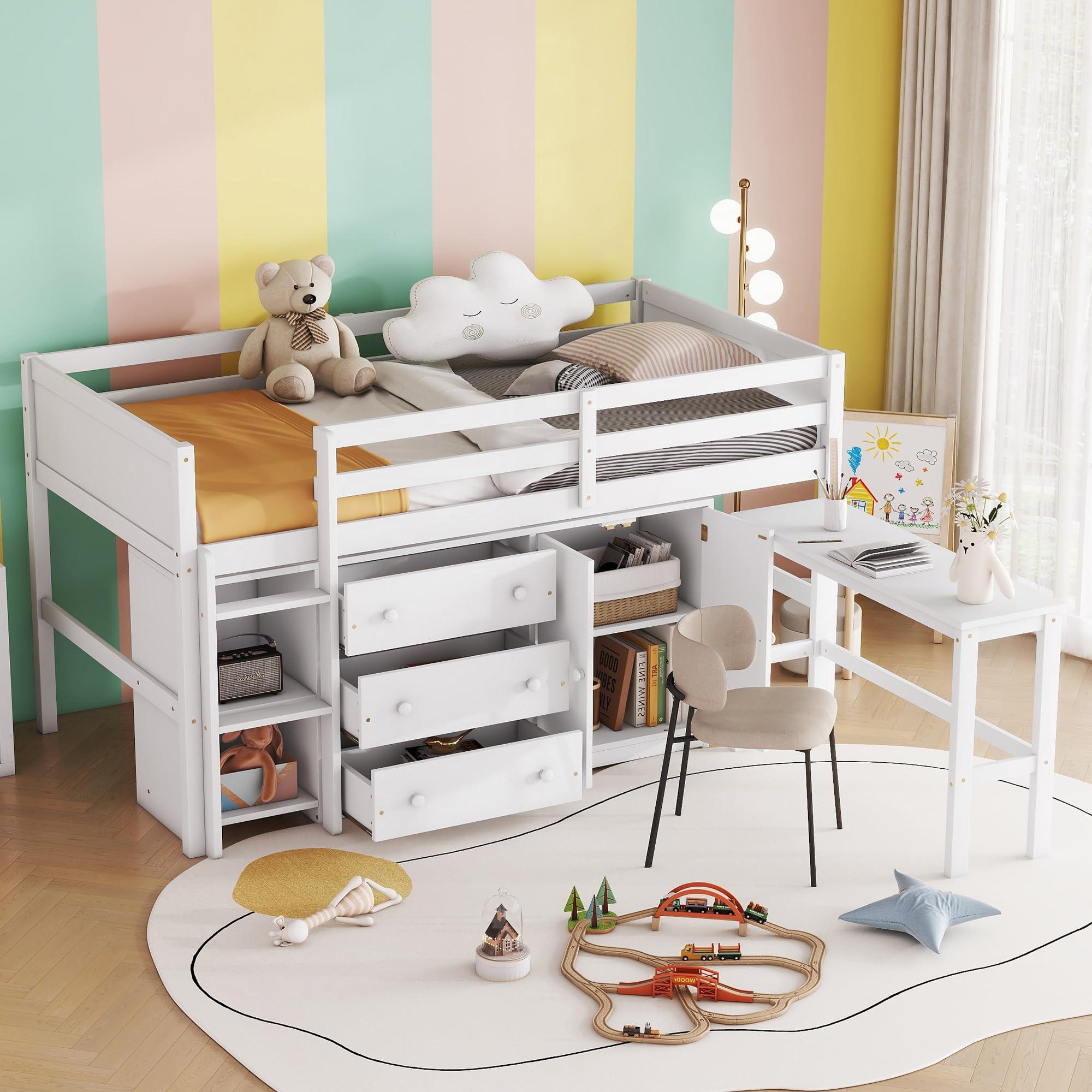 Ball & Cast Ball & Cast Twin Size Low Loft Bed Bunk with Pull-Out Desk and Drawers,Multifunctional Wood Bebframe W/Full-Length Guardrails and Storage Cabinet,Spacious Bookshelf,for Bedroom,Apartment,White