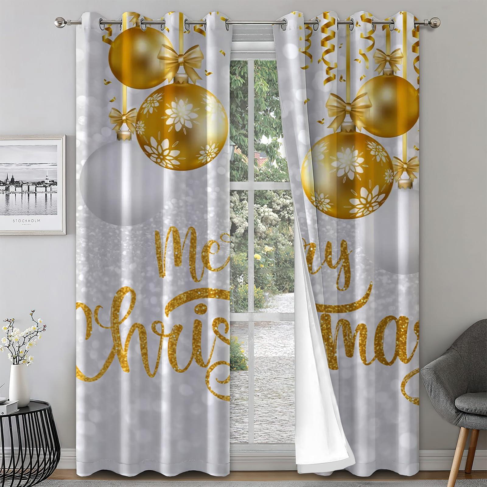SYNYEY TOARTE Golden Christmas Tree Window Treatments, Merry Christmas On Gray Background Blackout Curtains for Bedroom, Grommet Thermal Insulated Window Curtain, for Bedroom Living Room Patio - 63x63in