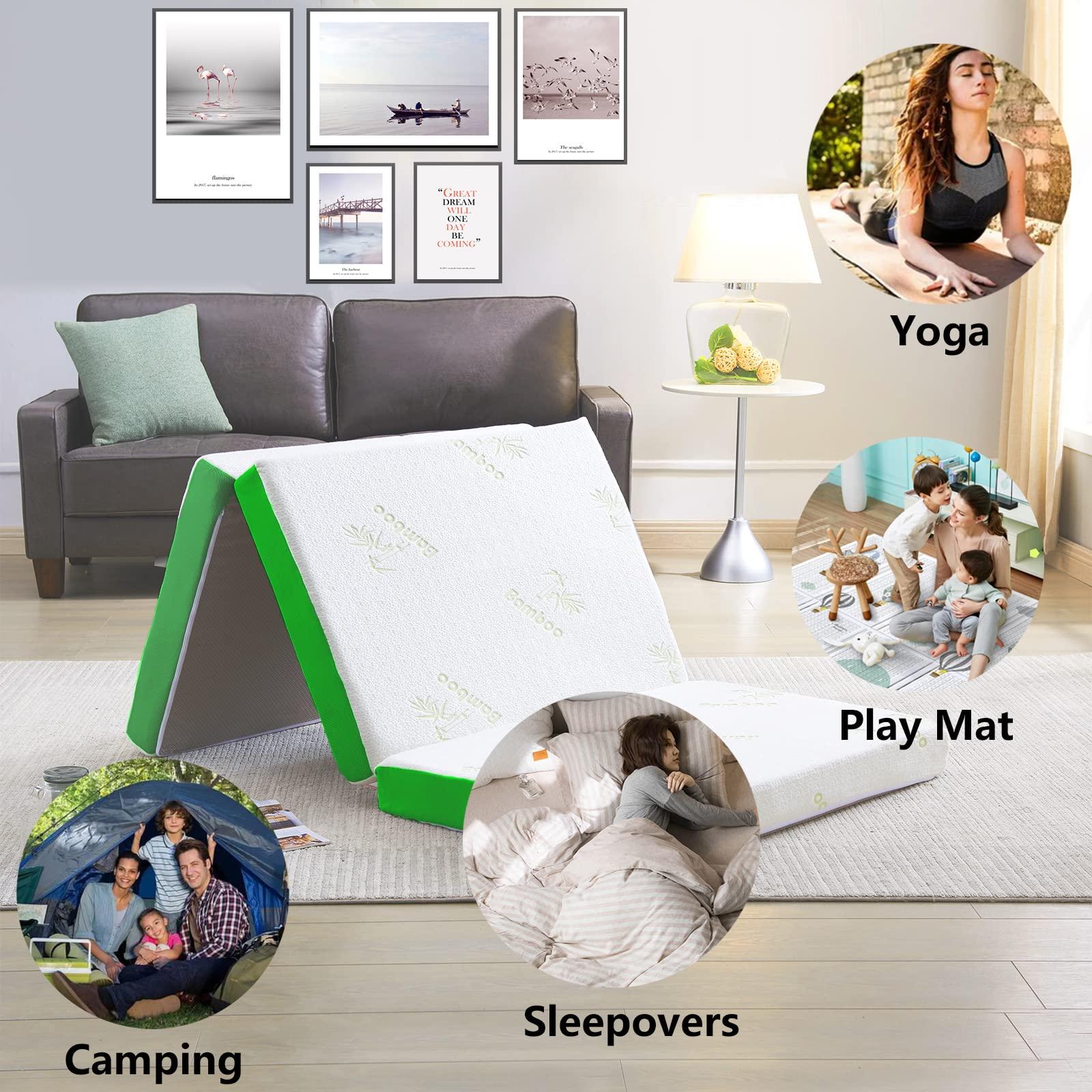 RXRRXY RXRRXY Tri-Folding Mattress, Mattress Topper with Memory Foam, Breathable Mesh Sides, Non-slip Bottom & Soft Washable Bamboo Cover, 4 Inch Mattress for Camping, Play Mat, Guest Beds, Dorm Room (Queen)