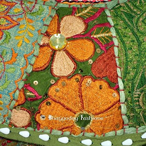 Sophia-Art Sophia-Art Indian Embroidered Patchwork Cover Indian Decorative Pouf Indian Comfortable Floor Cotton Cushion Ottoman Pouf,Indian Designs Ethnic Patchwork Pouf (Light Green, 18\"x13\")