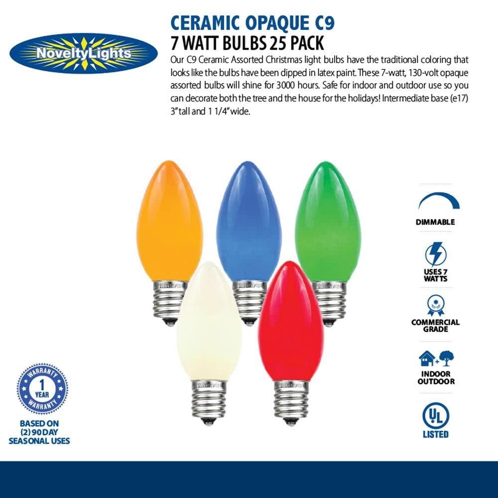 Novelty Lights Novelty Lights 25 Pack C9 Ceramic Outdoor Christmas Replacement Bulbs, White, E17/C9 Intermediate Base, 7 Watt