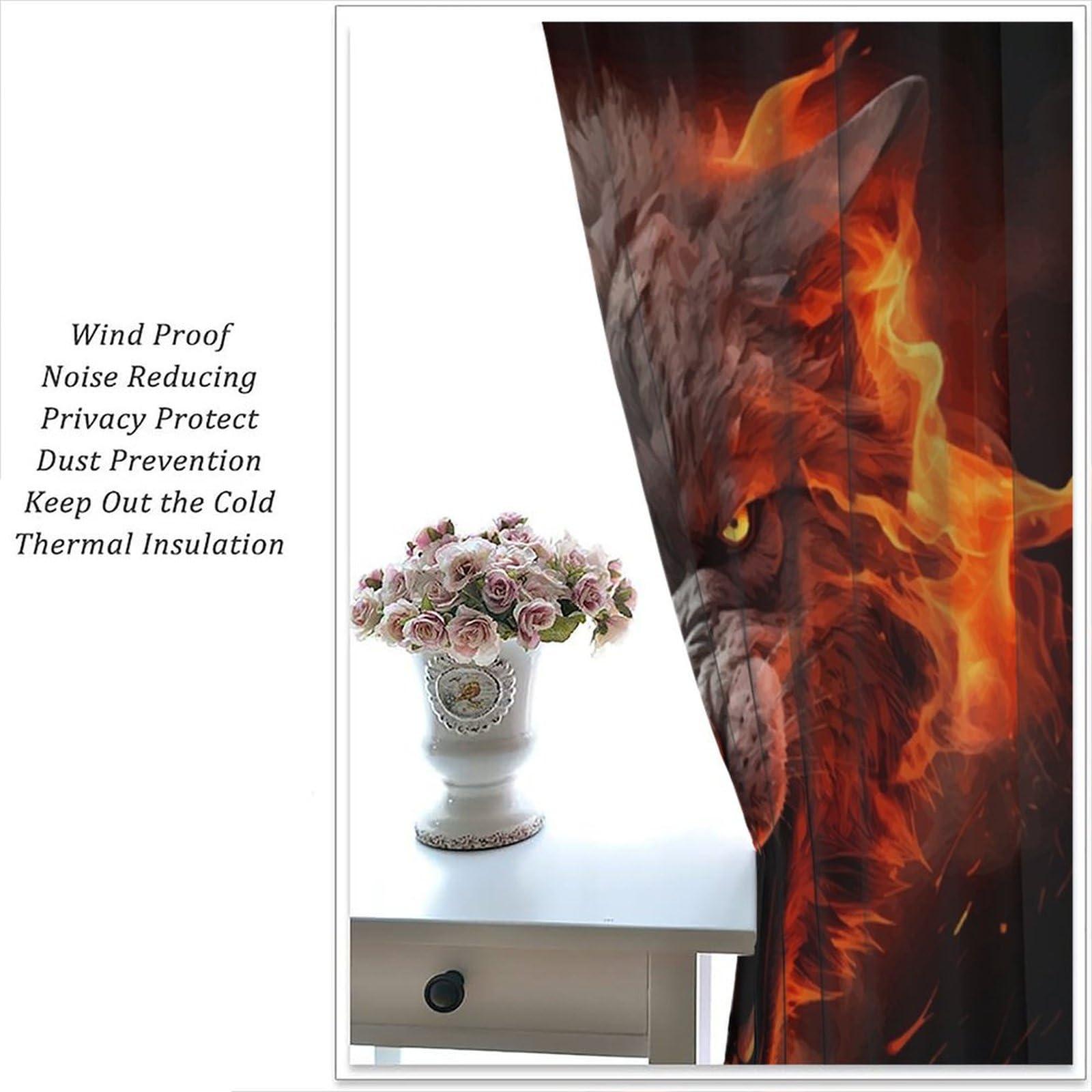 BATPLY Wild Animal Curtains, Black Red Fantastic Cool Scary Real Wolf Head with Burning Fire, Thermal Insulation Blackout Rod Pocket Window Treatments for Living Room Bedroom Bathroom (21x54in) x2 Panels