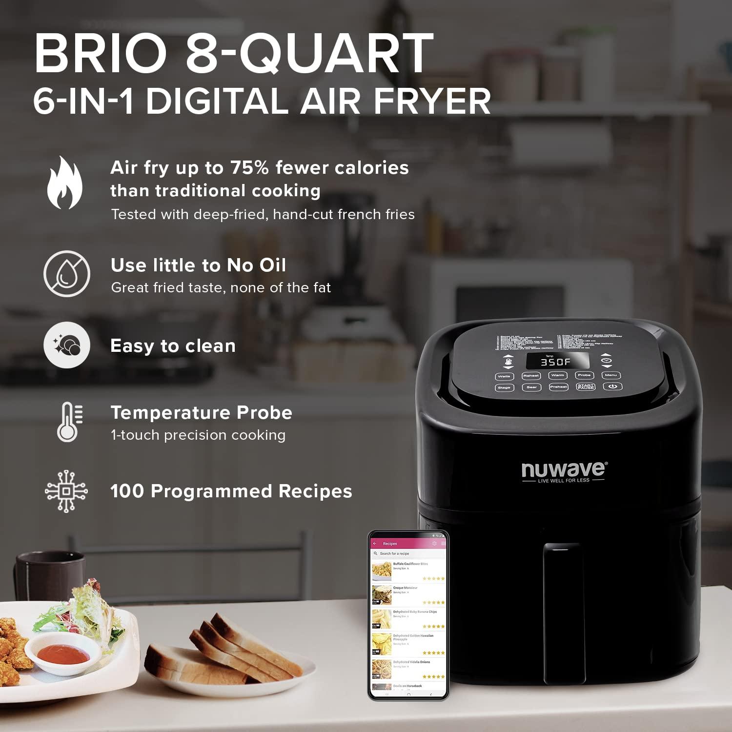 Nuwave Nuwave Brio 8-Qt Air Fryer, Powerful 1800W, Easy-to-Read Cool White Display, 50-400F Temp Controls, 100 Pre-Programmed Presets & 50 Memory Slots, Integrated Smart Thermometer, Linear T Technology