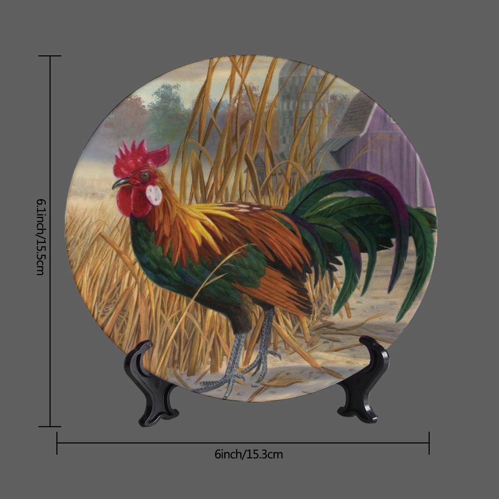 Bictucem Rooster Decorative Ceramic Plates, 6 Inch, Chicken In Rice Field Round Display Plate, Handmade Ceramic Ornament, Ceramic Craft for Wall Hanging Decorative