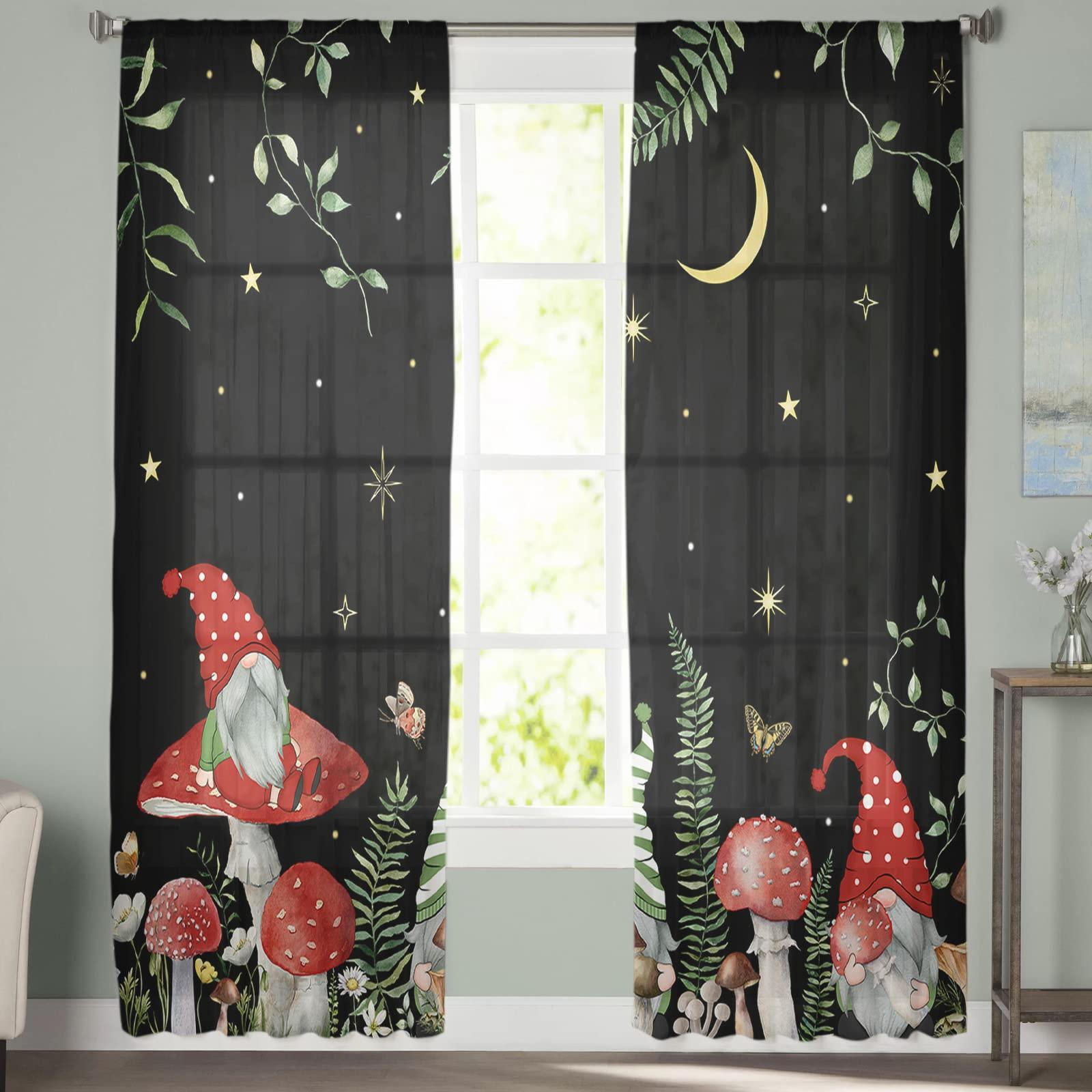 Gehucoxee Gehucoxee Semi Sheer Curtains 84 Inches Long, Mushroom Gnomes Curtains Sheer for Living Room, Window Floral Stars Moon Black Backdrop Voile Drapes Chiffon Curtain for Bedroom 2 Panel Rod Pocket