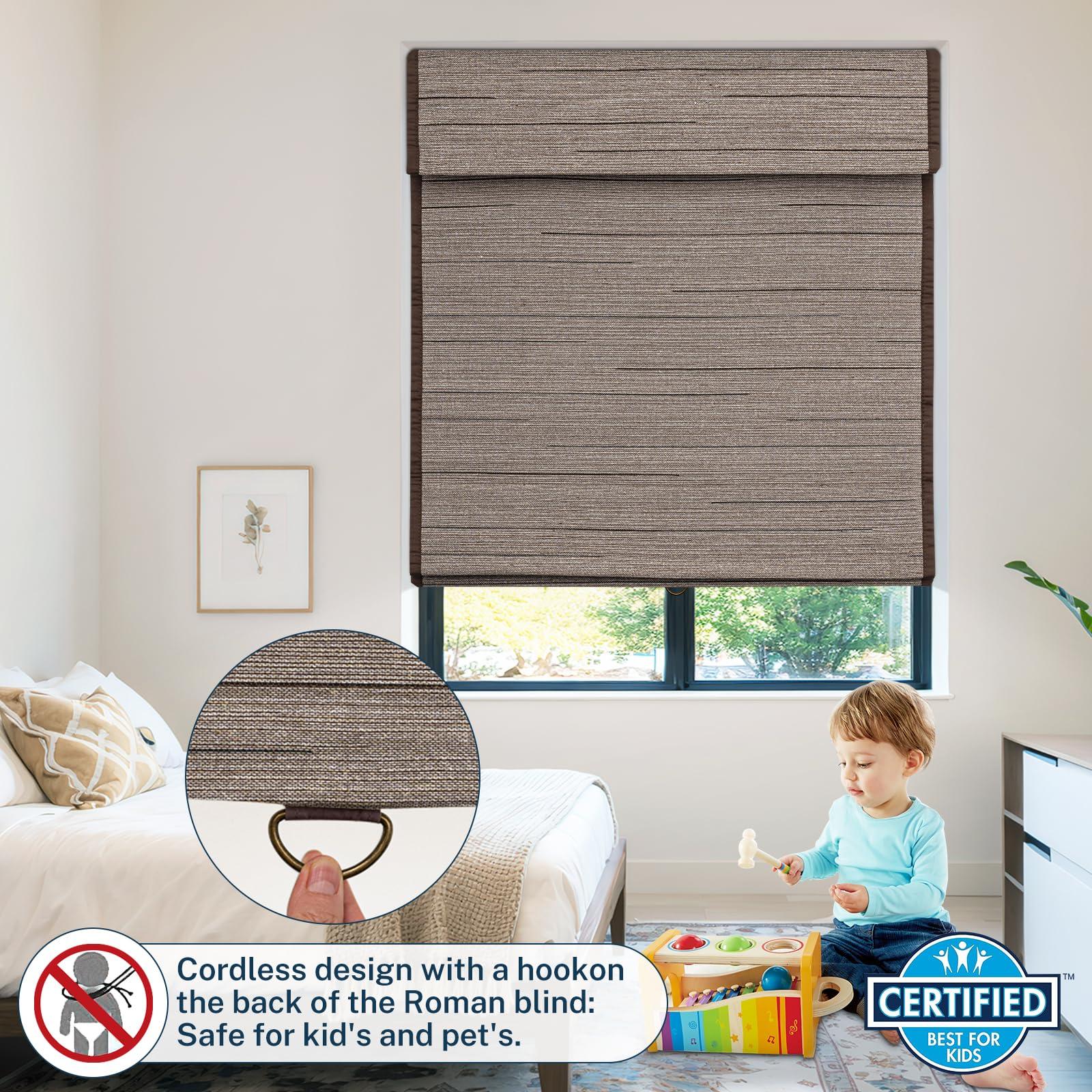 Pasoun Pasoun Cordless Roman Shades Custom Natural Linen Weaving Roman Blinds Blackout Room Darkening Window Blind Privacy Roll UP Shade for Windows Bedroom Kitchen (Brown, 51" W x 56" H)
