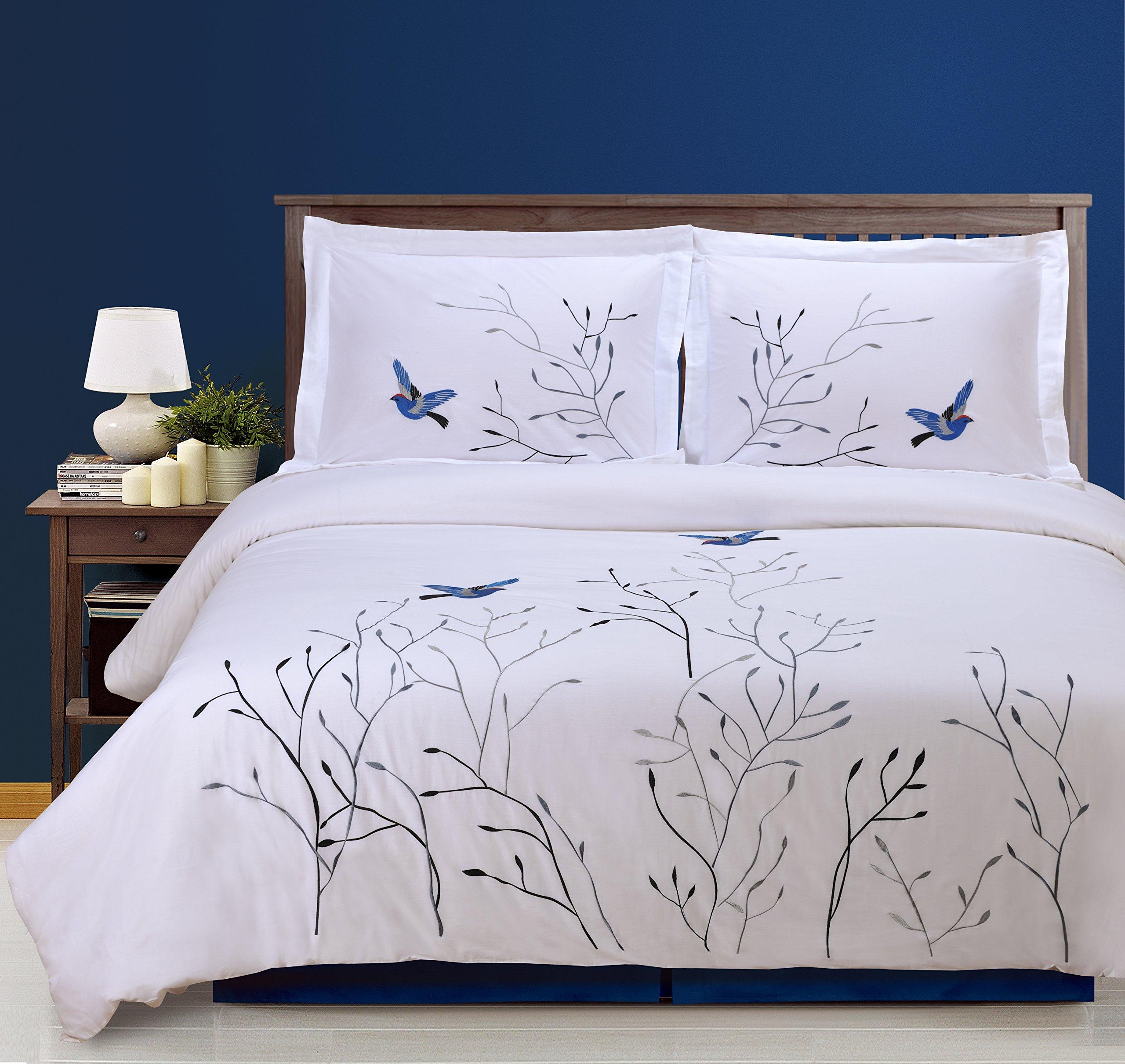 SUPERIOR Superior 100% Cotton Percale Embroidered 3-Piece Duvet Cover Set, Full/Queen, Blue Swallow