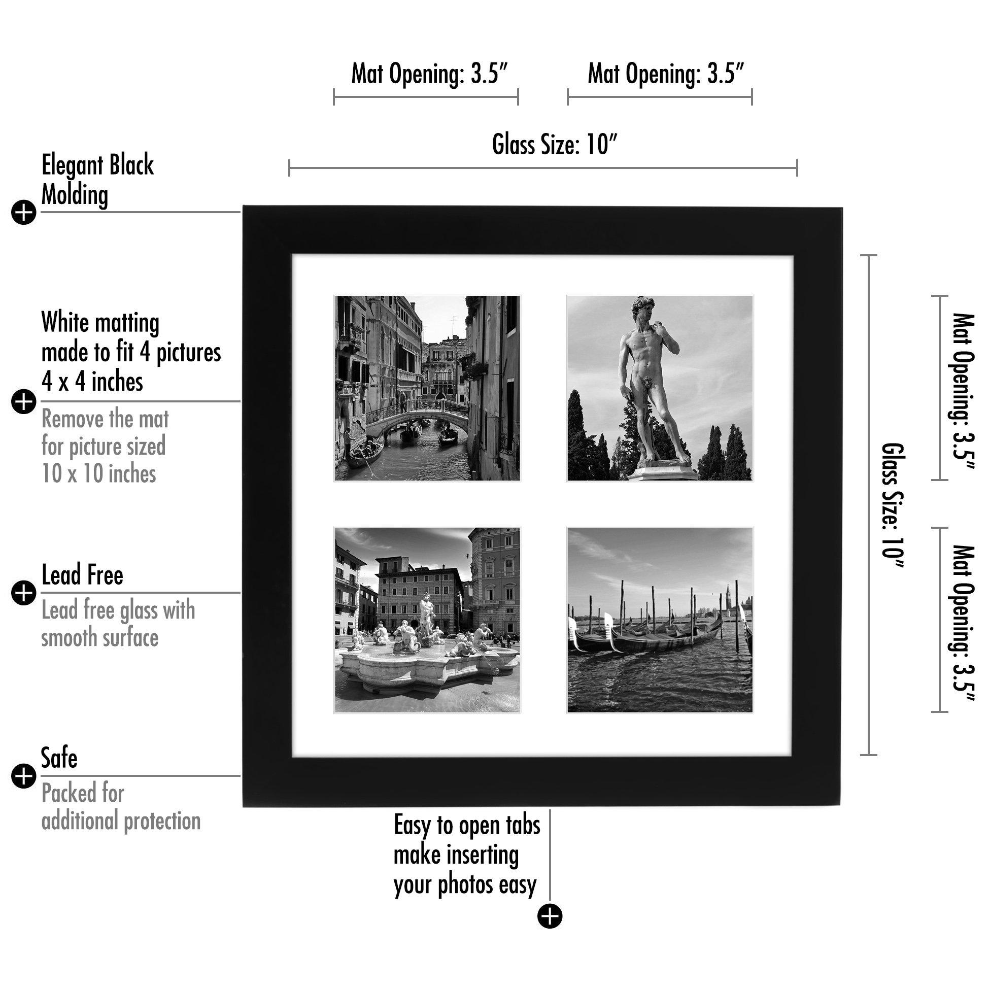 Americanflat Americanflat 10x10 Collage Picture Frame with Shatter-Resistant Glass - Fits Four 4x4 Photos or One 10x10 Picture - Signature Collection - Photo Frame for Wall Display - Black