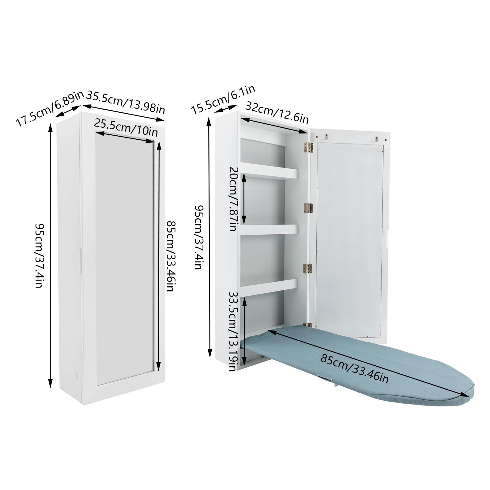 InSyoForeverEC Ironing Board Cabinet Wall Mounted, Cabinet with Built-in Ironing Board, Foldable Ironing Storage Station with Mirror for Home, Apartment & Small Spaces, Easy-Release Lever