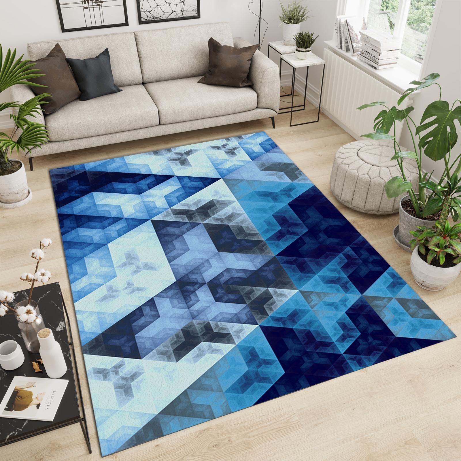 HomeLoft Basics Nordic White and Blue Square Geometry Rug for Bedroom, Luxury Blue Gradient Design Rugs for Living Room, Soft Cozy Breathable Non-Slip Throw Rugs for Office Dining Table Sofa, 5.3x6.6ft