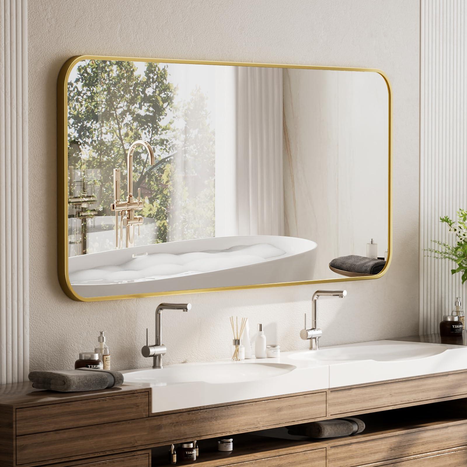 BEAUTYPEAK BEAUTYPEAK 26" x 38" Rectangular Aluminum Alloy Frame Wall Mounted Bathroom Mirror with Rounded Corners, Gold