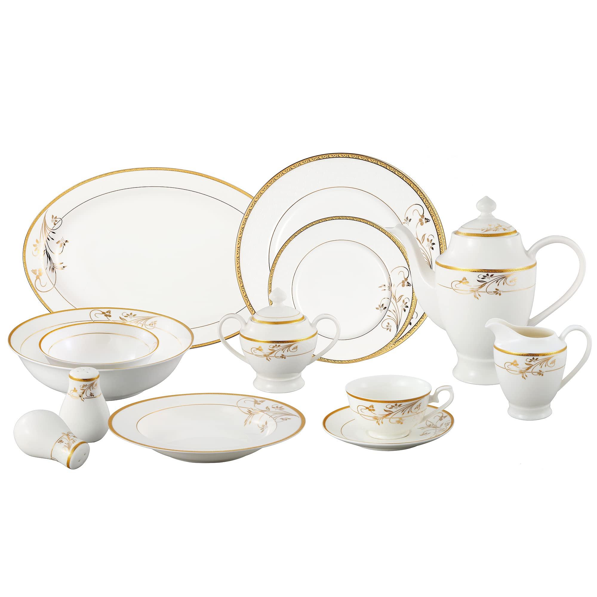 Lorren Home Trends Lorren Home Trends La Luna Bone China 57-Piece 24K Gold Floral Design Dinnerware Set, Service for 8