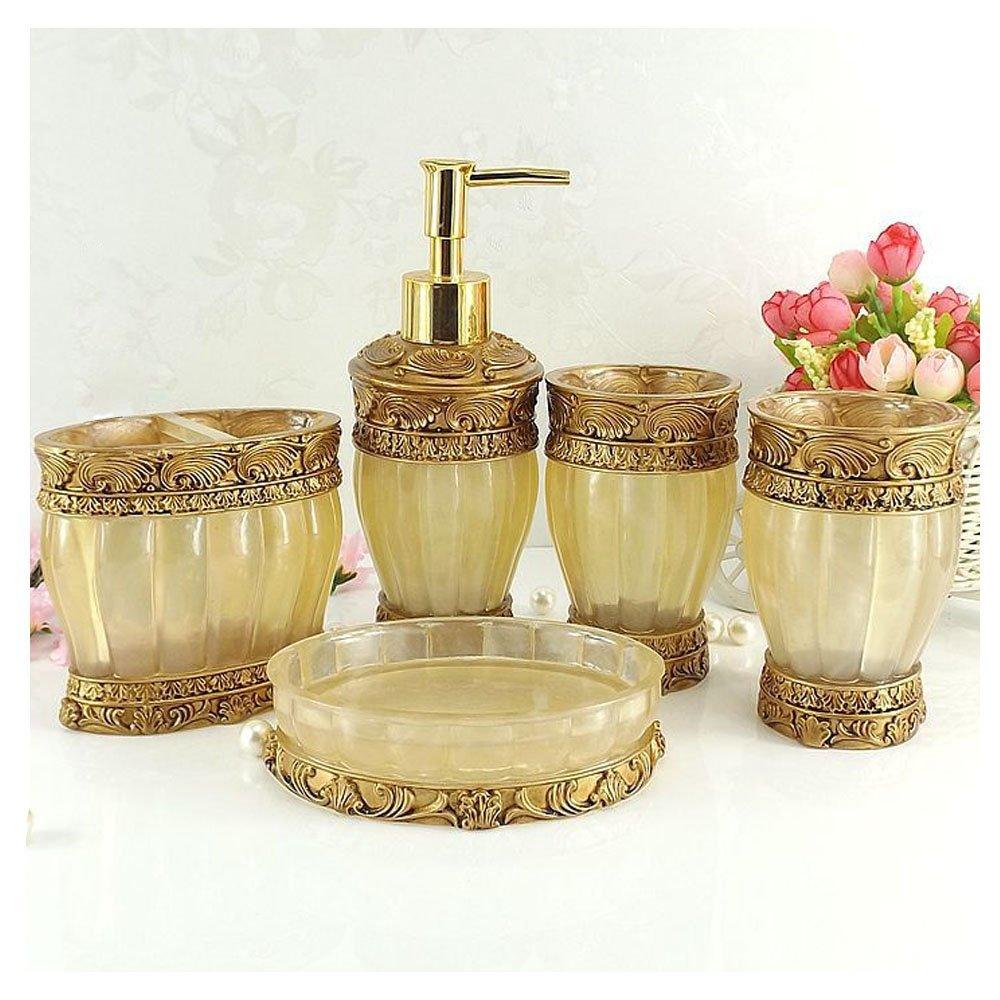 LUANT LUANT Vintage Golden Bathroom Accessories, 5Piece Bathroom Accessories Set, Bathroom Set Features, Soap Dispenser, Toothbrush Holder, Tumbler & Soap Dish - Golden Glossy - Bath Gift Set