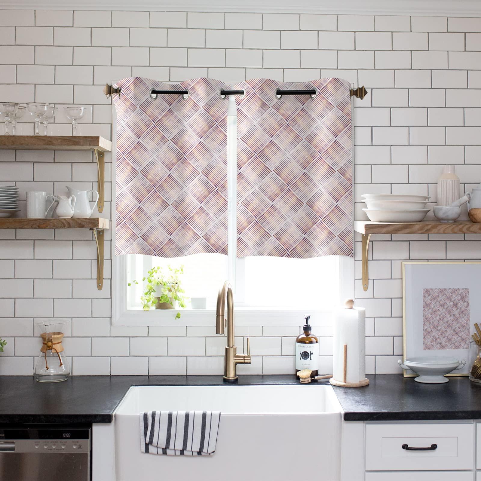 ZOE STORE ZOE STORE Short Kitchen Curtain Panel 39 Inches, Pink Geometric Window Treatment with Grommets, Rhombus Plaid Line Weave Texture Small Window Curtain Drapes for Sink, 55" W x 39" L