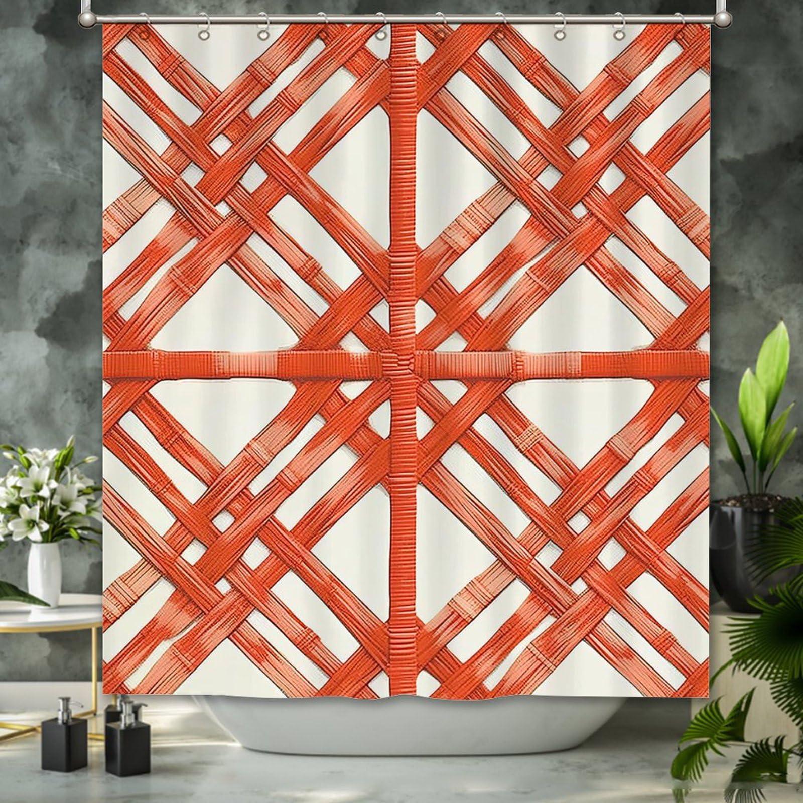 Yinrune Yinrune Orange Shower Curtains for Bathroom Coral Geometric Lattice Shower Curtains Boho Shower Curtain 60x72in Stall Shower Curtain Polyester Fabric Shower Curtain Set with Hooks