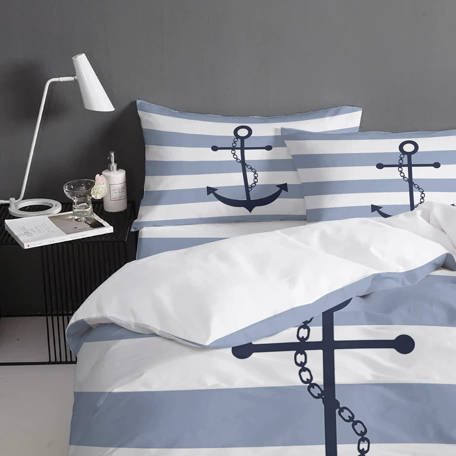 YESOF66 YESOF66 Zipper Duvet Cover Set Soft Comforter Cover Set for Girls Boys,Nautical Anchor Sky Blue and White Striped Daisy Bedding Sets Twill Plush Bed Sheet Set,Twin Size
