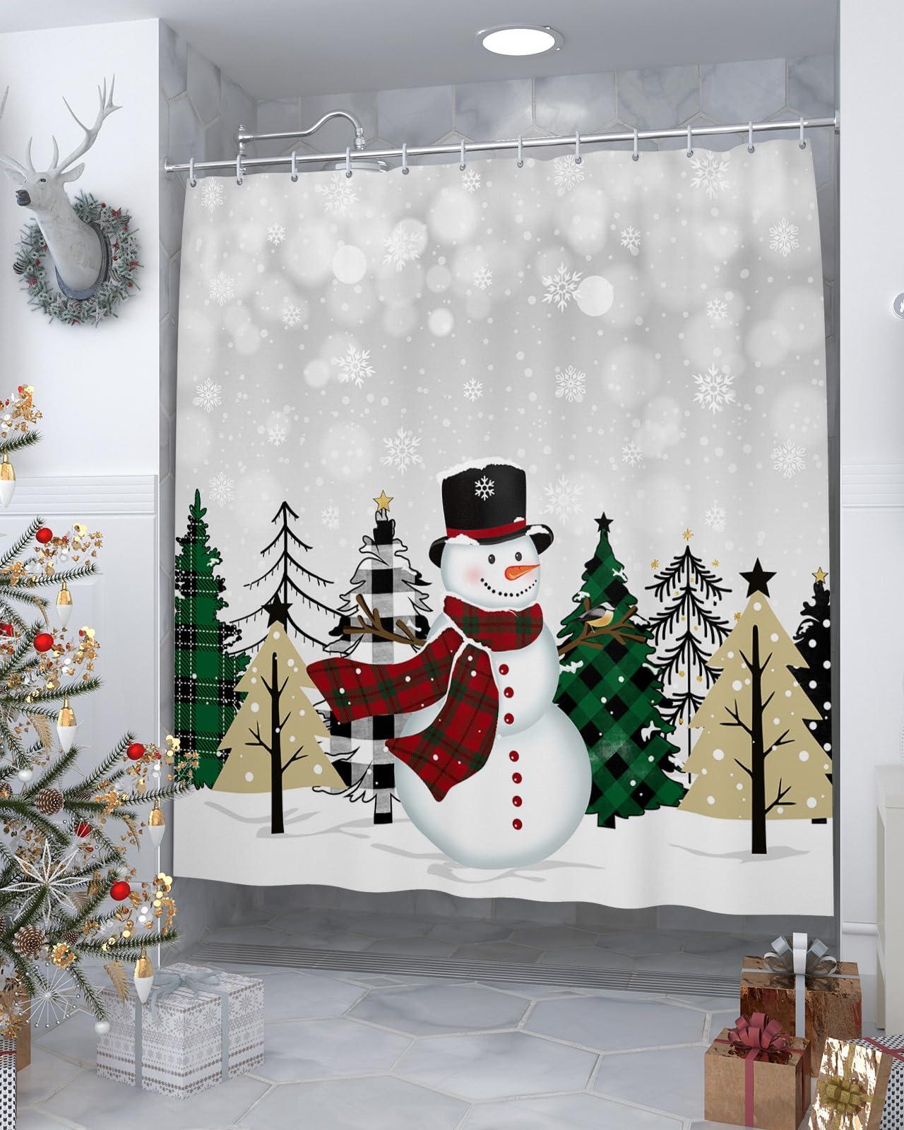 EZON-CH Chriatmas Shower Curtains for Bathroom, Snowman Xmas Tree Snowflakes Grey Shower Curtain Set Shower Curtain Set Waterproof Fabric Bath Curtain with Hooks for Home Hotel Apartment Farmhouse 48x72 inch