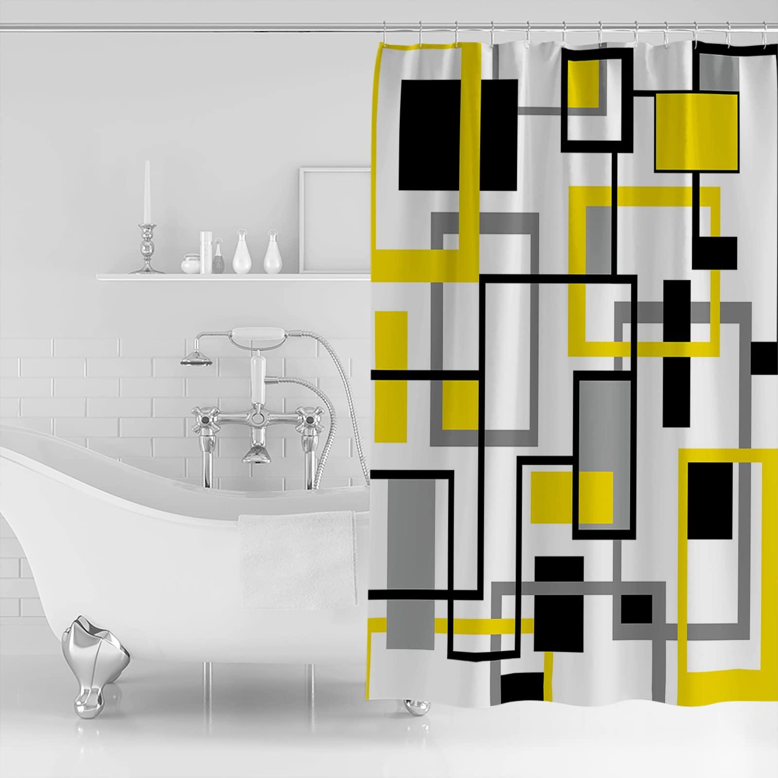 LEOKOTI LEOKOTI Yellow Black Grey Geometric Shower Curtain for Bathroom, Middle Century Modern Abstract Art Waterproof Fabric Bathtub Curtains for Bathroom with 12 Plastic Hooks, 36\" W x 78\" L