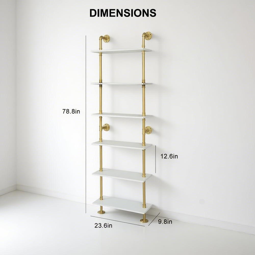HEONITURE HEONITURE Industrial Gold Bookshelf-6 Tier Wall Mounted Ladder Bookshelf, Rustic Gold Storage Book Shelves Display Bookcases for Living Room/Home/Office