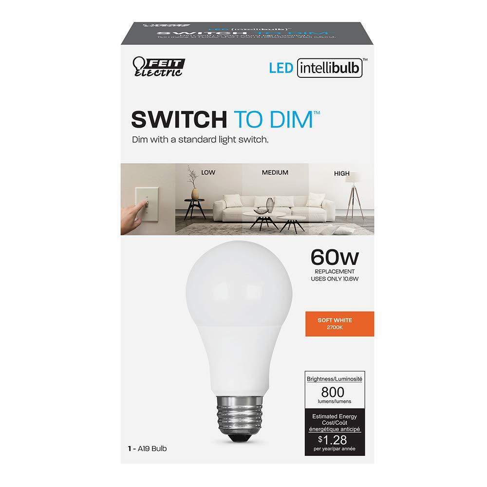 Feit Electric Feit Electric A19 LED Light Bulb, 65W Equivalent IntelliBulb Switch to Dim, E26 Medium Base, 800 Lumens 2700K Soft White - OM60/3DIMCA/LEDI
