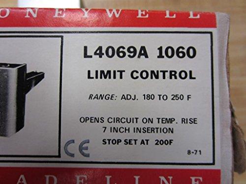 Honeywell HONEYWELL L4069A-1060 Fan Limit Control, Adjustable Range 180-250 Degrees F, 7IN Insertion, Open Circuit, Stop Set at 200 Degrees F