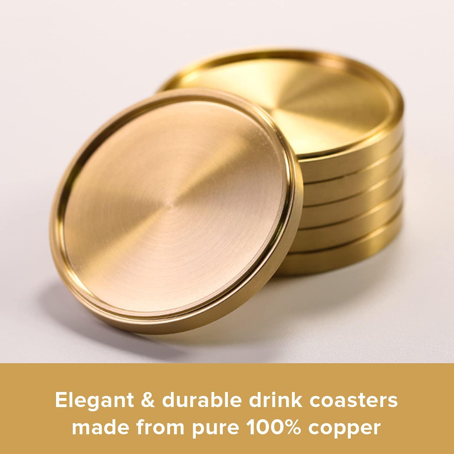 Primo Supply Heavy Brass Coasters for Drinks (6-Pack) - Solid Bronze Gold Coasters - Classy MCM Style Premium Coaster Set - 5 Star Hotel Table & Bar - Board Room Elegant Copper Cup Holder - L
