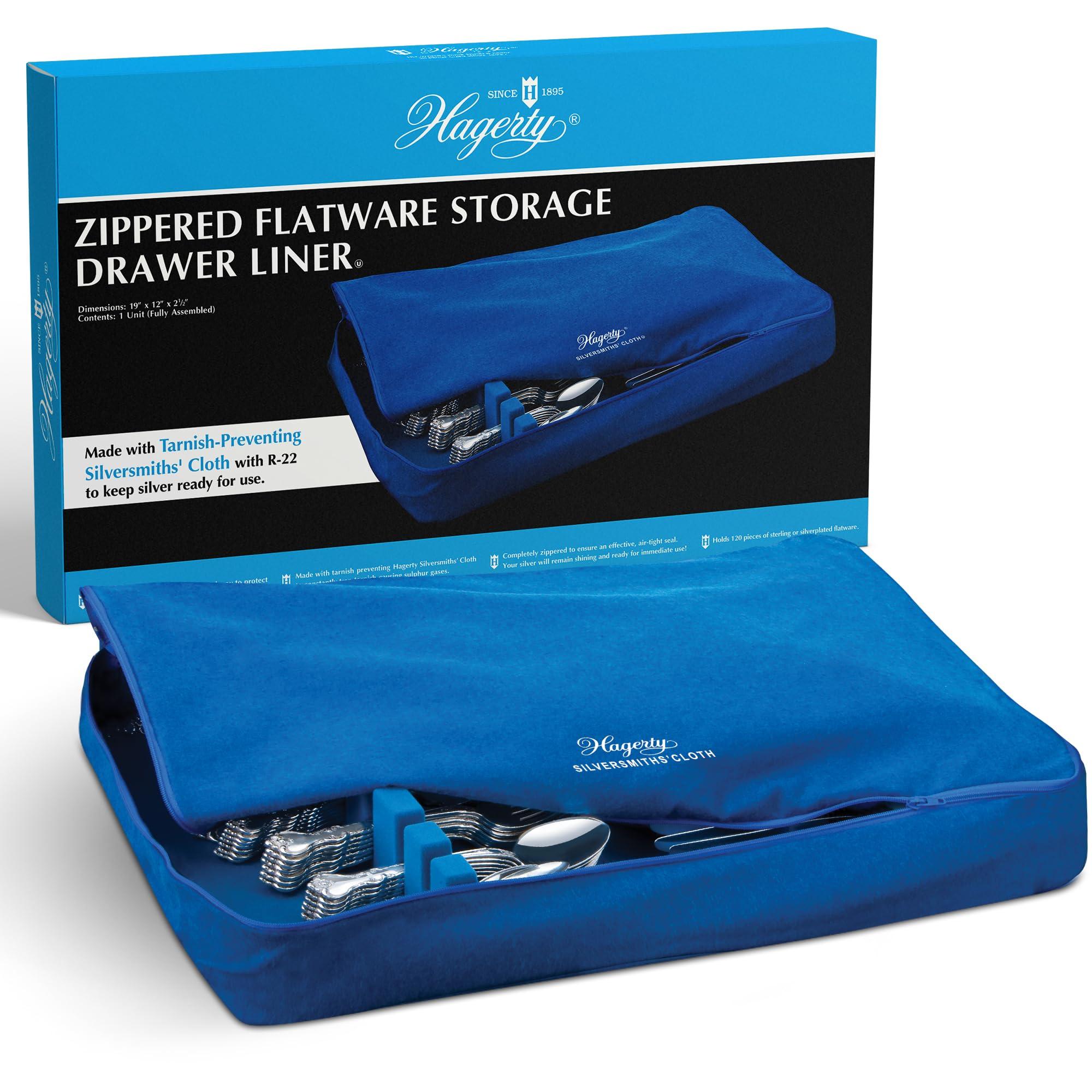W. J. Hagerty Hagerty Zippered Flatware Storage Drawer Liner Tarnish Preventative Silverware Organizer, Large Container, Cutlery Holder, and Utensil Keeper Bag, Made in USA, Kosher Certified,Blue, 19\" x 12\" x 2.5\"