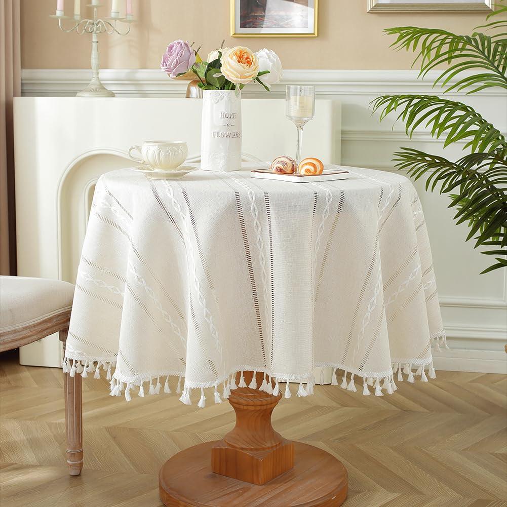 meioro meioro Rustic Table Cloth, White Round 39\" Textured Cotton Linen Fabric Tablecloth with Tassel, Heavy Duty Farmhouse Table Cover Embroidery Stripe Round Tablecloths for Dinning Wedding Party