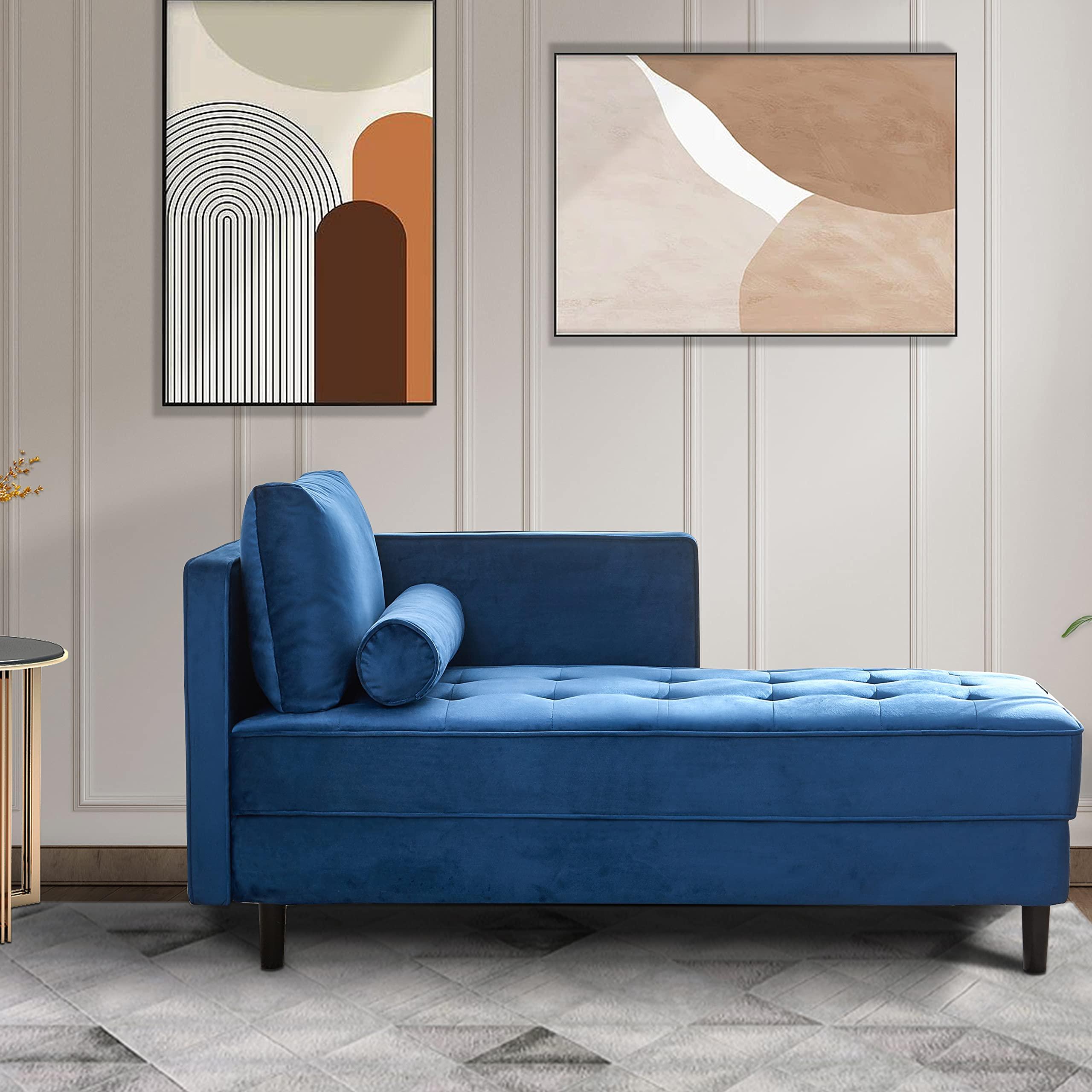BAMOOLI BAMOOLI 64\'\' Velvet Chaise Lounge Indoor, Modern Longue Chair Upholstered Chaise Longue with Support Pillow, Button Tufted Seat Cushion, Sleeper Sofa Recliner for Bedroom, Living Room, Apartment, Blue